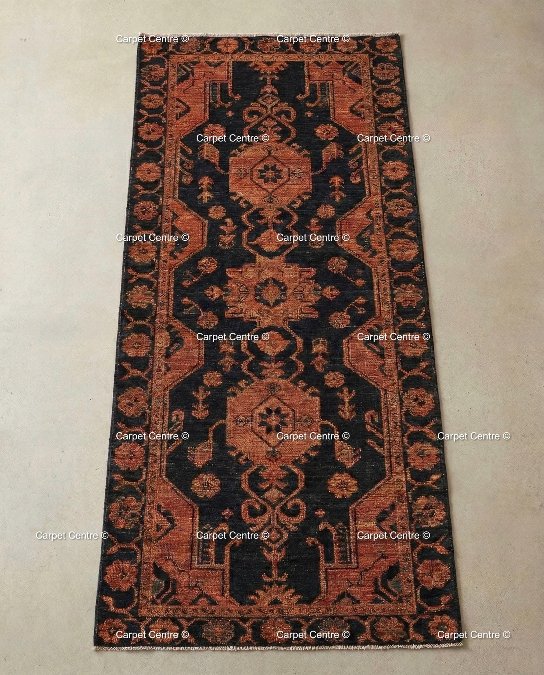 Hand Knotted Oushak Wool Runner, Black & Rust Geometric Hallway Rug