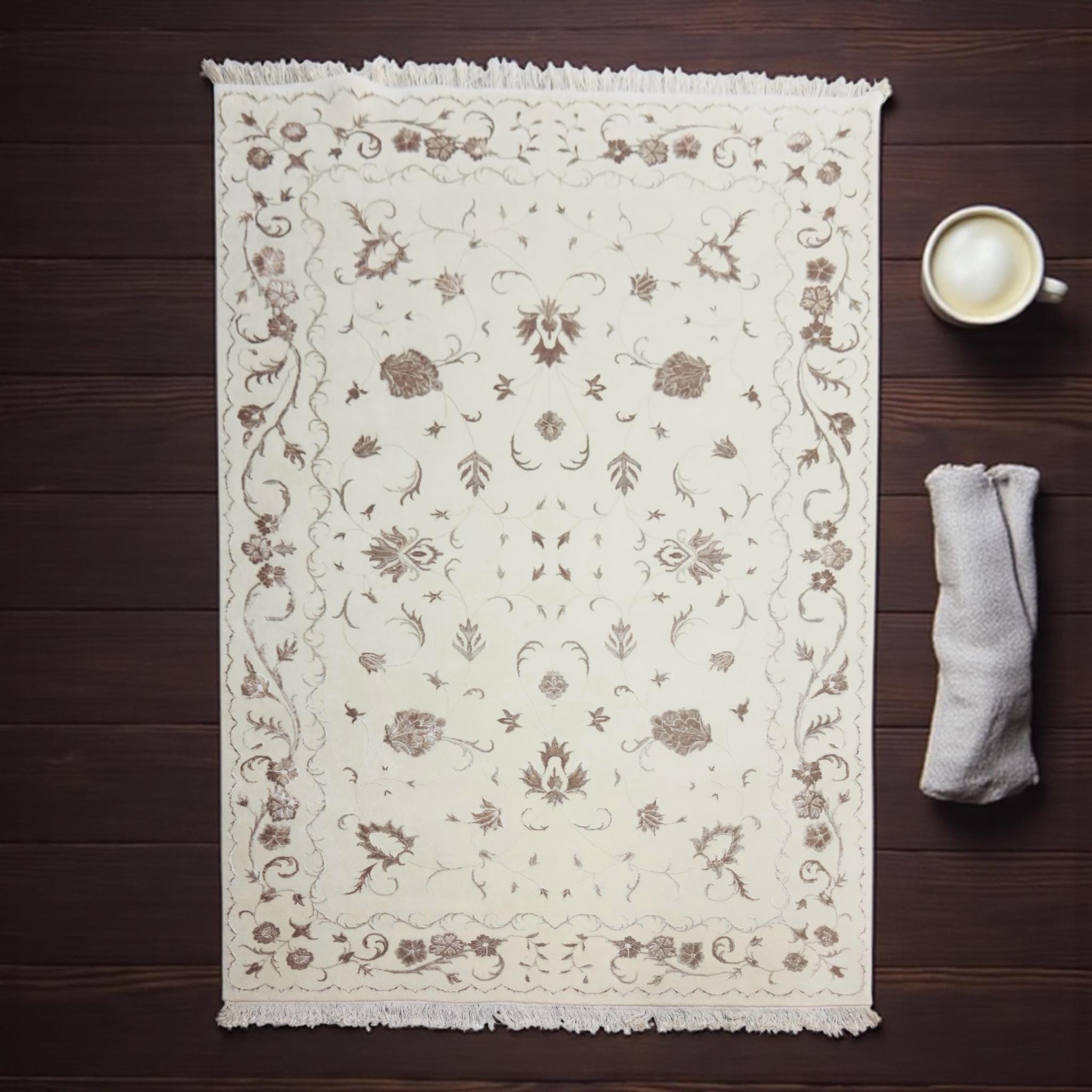 Vintage Floral Wool Area Rug: Handwoven Art Silk 9x6