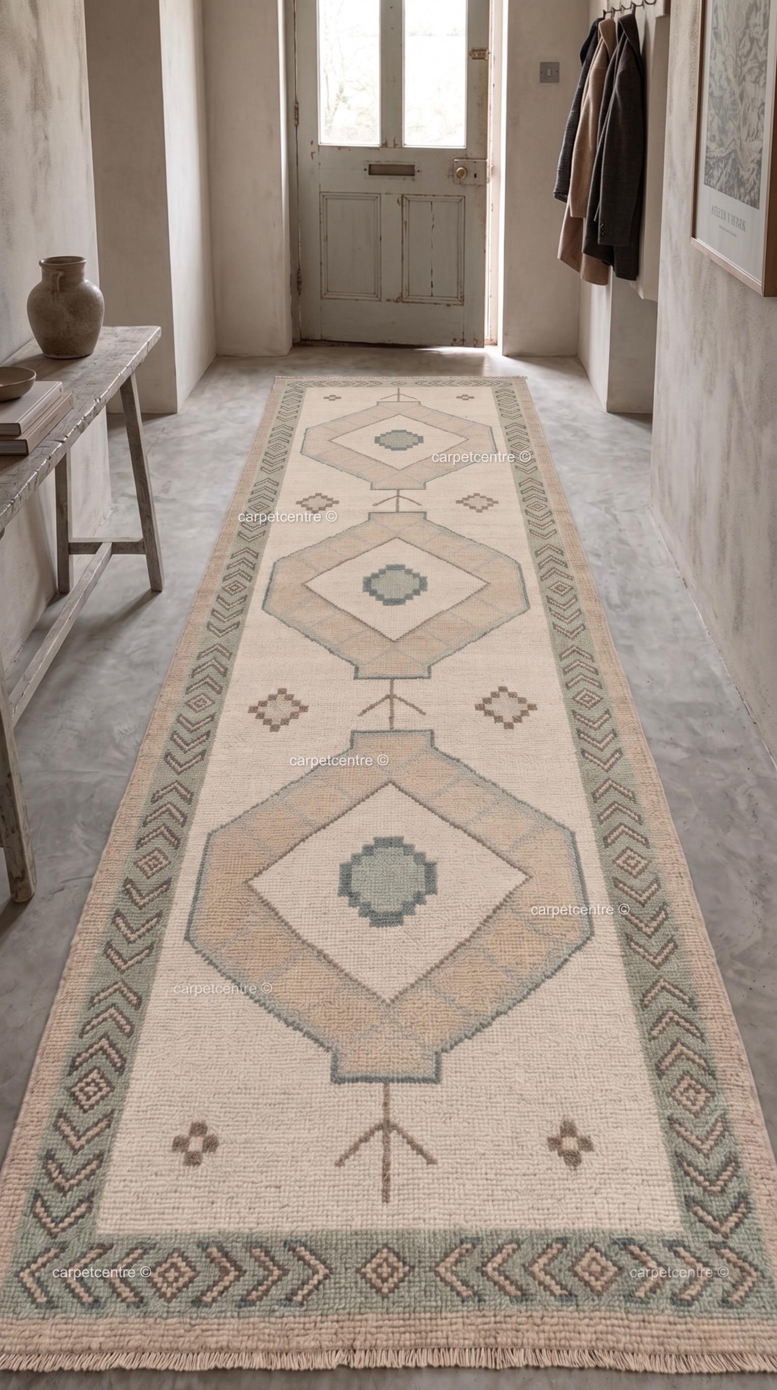 Vintage Oushak Runner Rug | Cream Geometric Turkish Hallway Rug | Boho Chevron Entryway 100% Wool