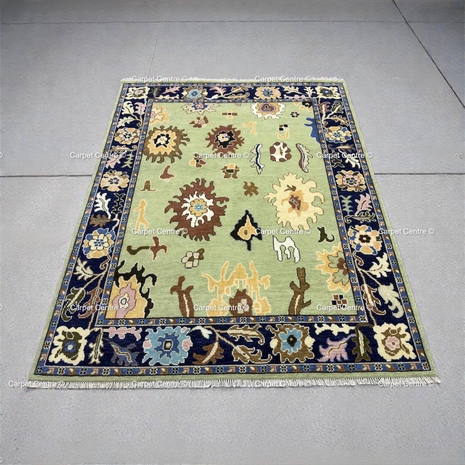 Hand-Knotted Sage Green Oushak Wool Rug, Navy Border, Living Room Decor