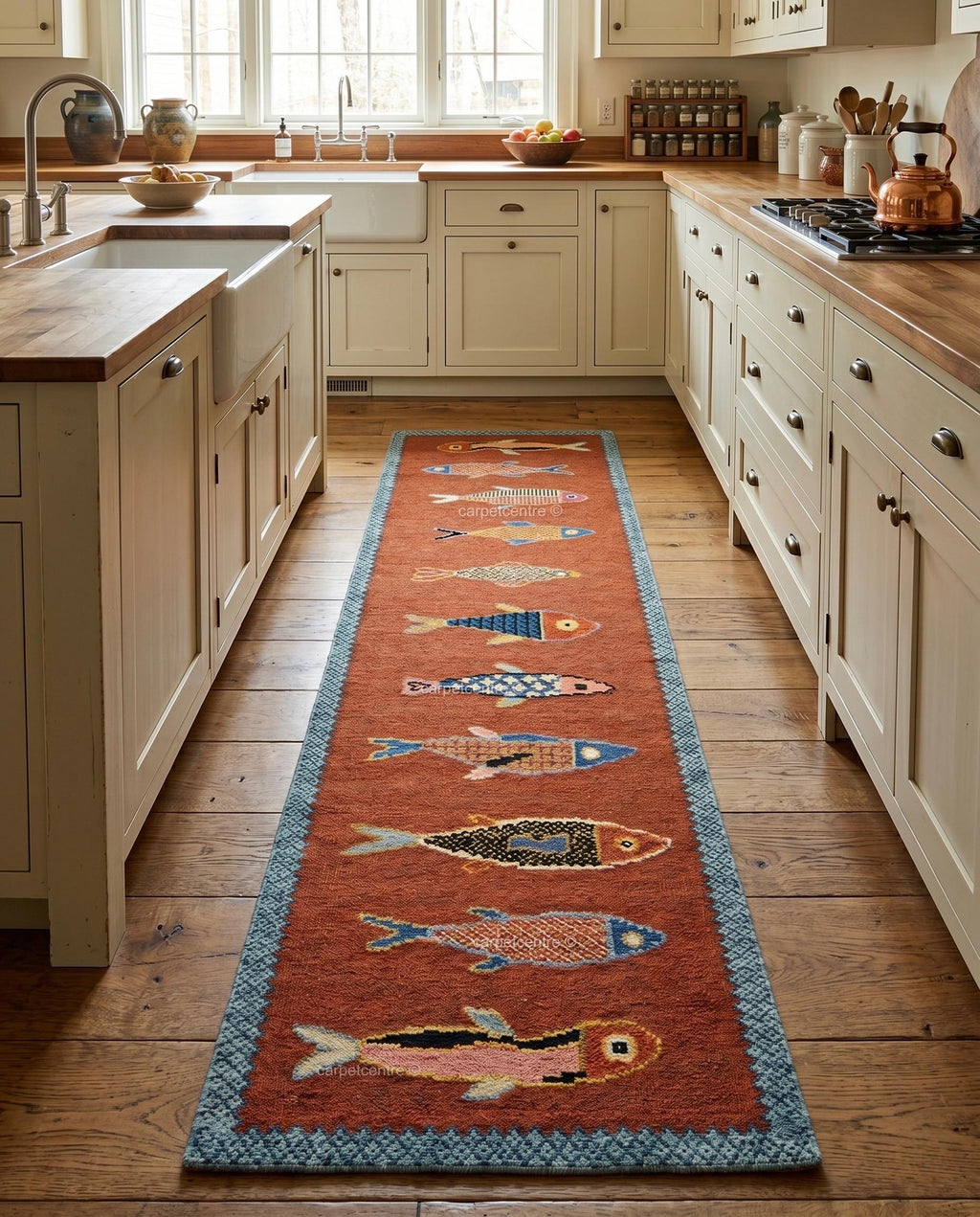 Hand-Knotted Wool Fish Runner Rug: Oushak Pictorial Coastal Style Area Carpet