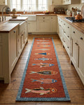 Hand-Knotted Wool Fish Runner Rug: Oushak Pictorial Coastal Style Area Carpet