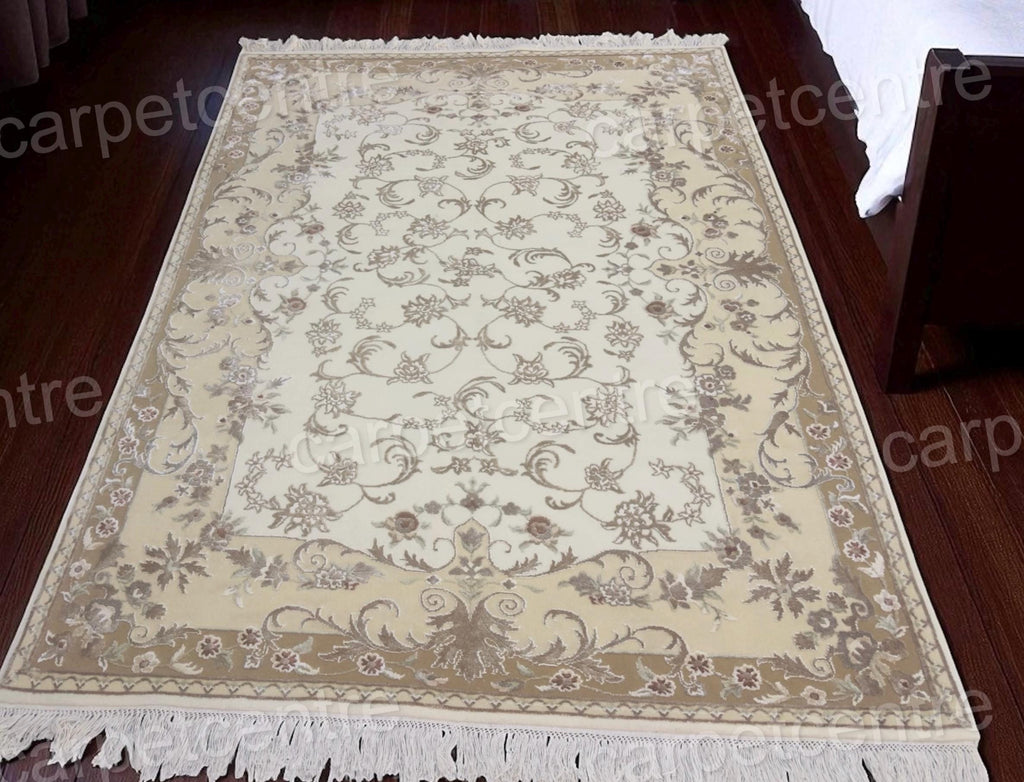 Hand Knotted Beige Persian Wool Rug | Art Silk Floral, 7'11" x 5'8"