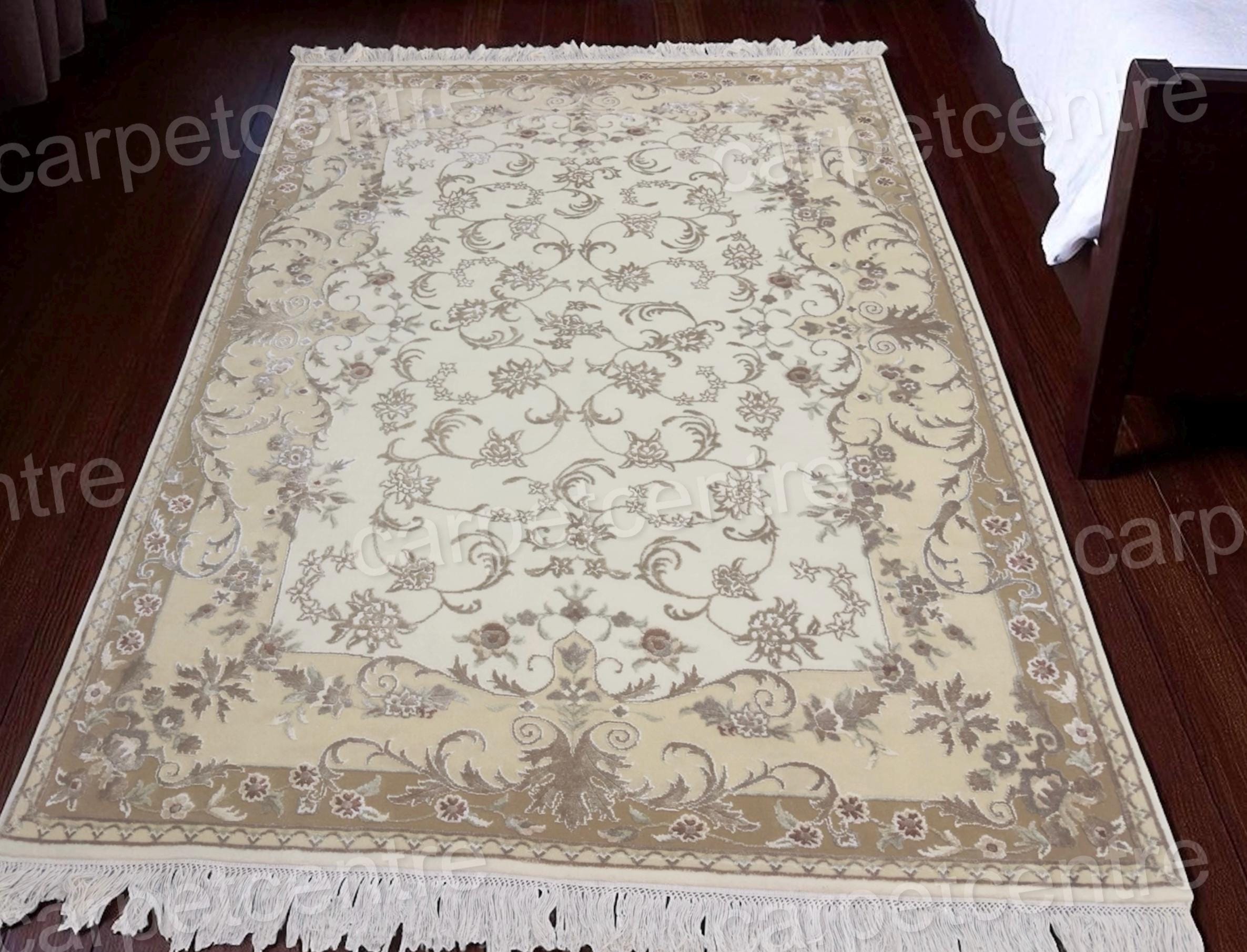 Hand Knotted Beige Persian Wool Rug | Art Silk Floral, 7'11" x 5'8"