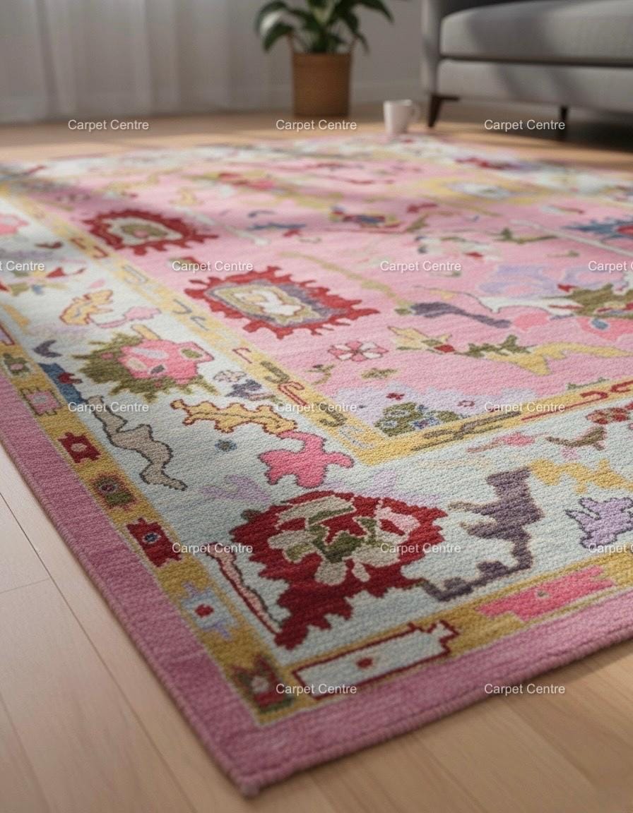 Pink Abstract Oushak Rug | Hand-Knotted Wool, Custom Sizes