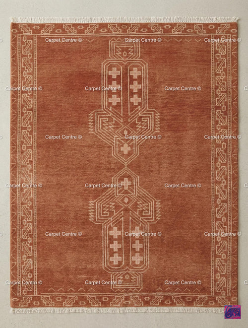 Burnt Orange Oushak Rug, Rust Cream Geometric Turkish Carpet, Boho Living Room 8x10 9x12