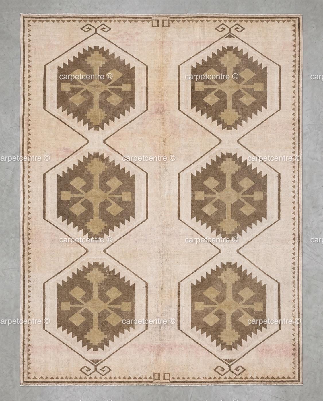 Hand-Knotted Wool Oushak Rug | Neutral Geometric Tribal Carpet, Beige Brown Style