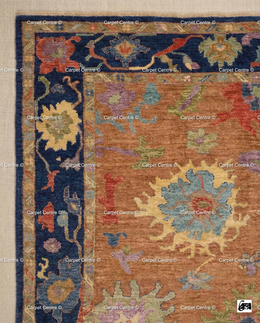 Hand Knotted Wool Oushak Rug – Rust Orange & Navy, Turkish Knot