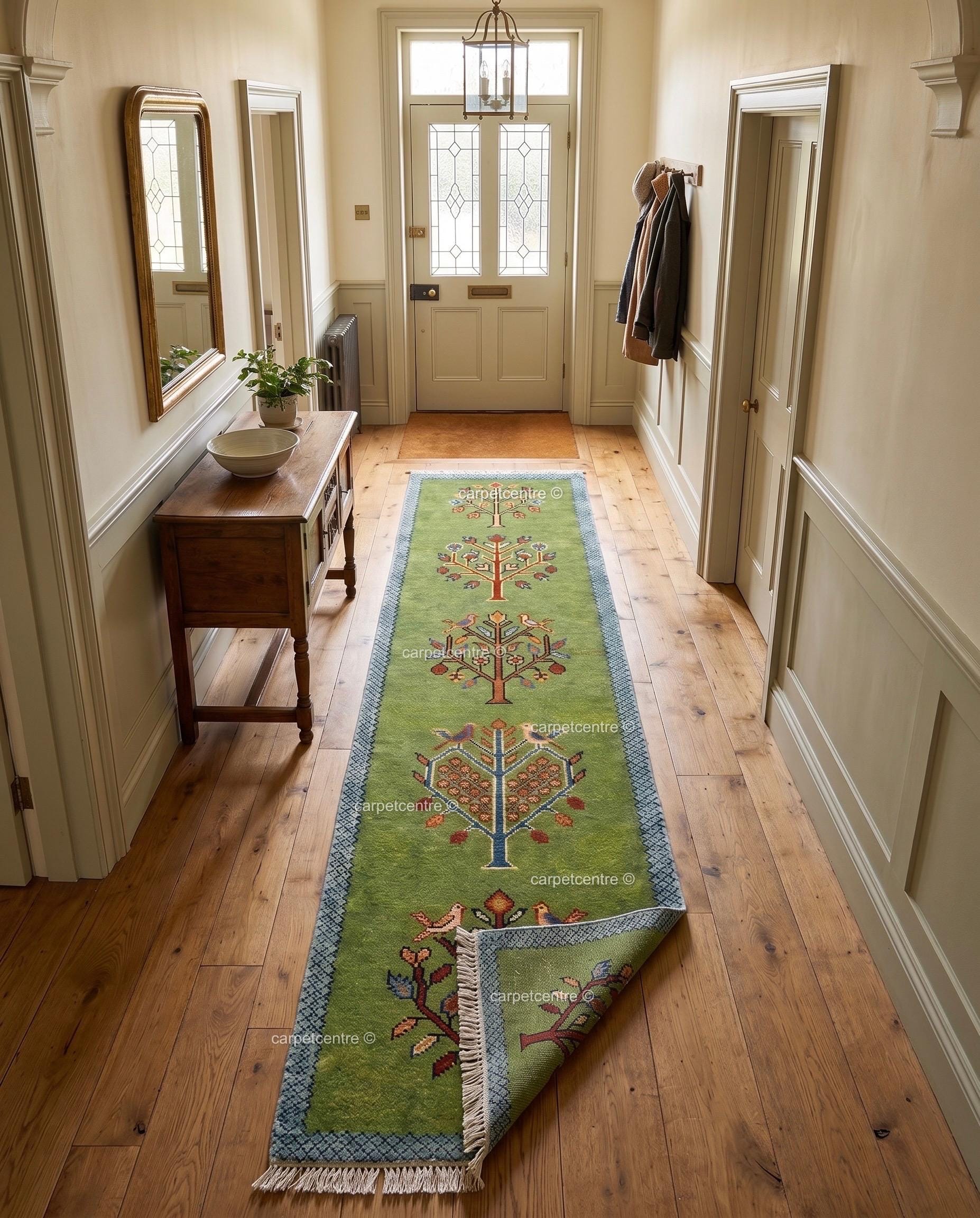 Green Wool Tribal Tree Runner Rug – Bird Motif Folk Art Hallway Carpet