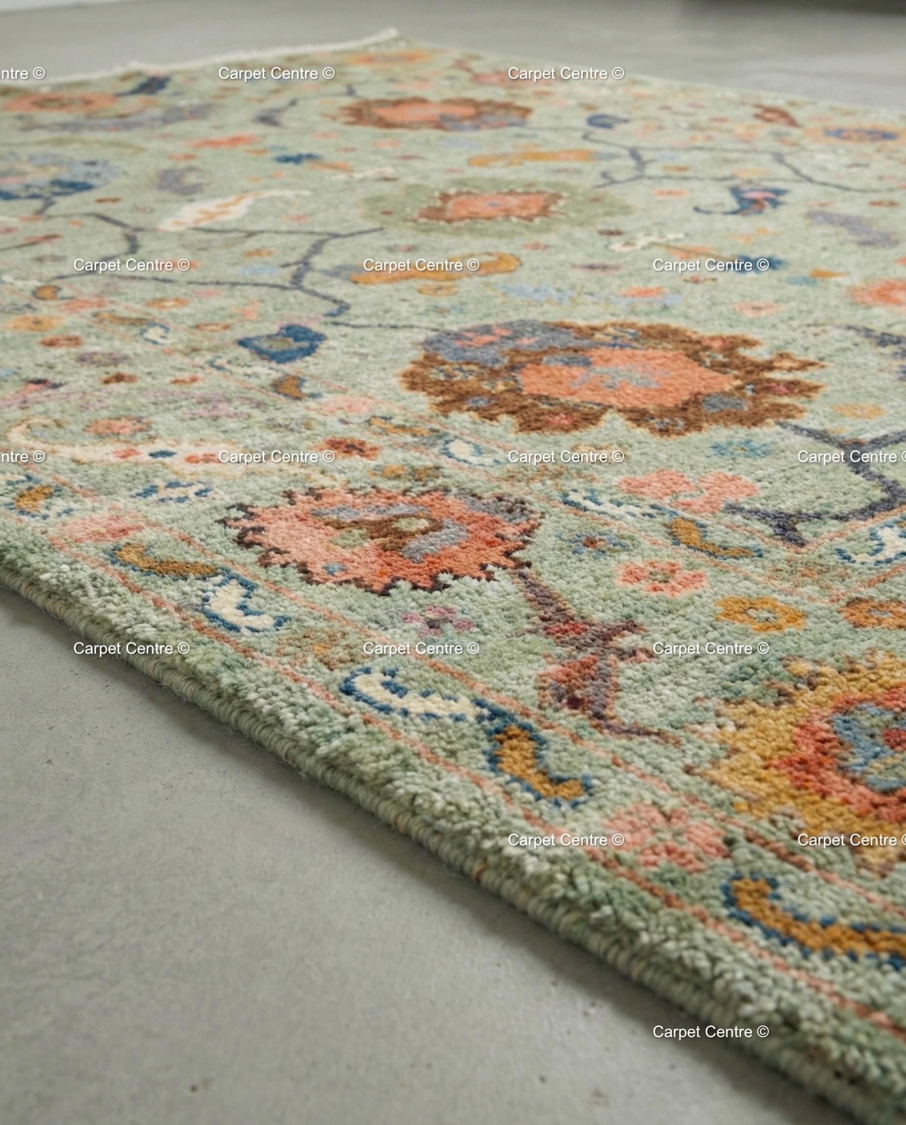 Sage Green Oushak Rug, Hand Knotted Wool, Arts & Crafts Floral