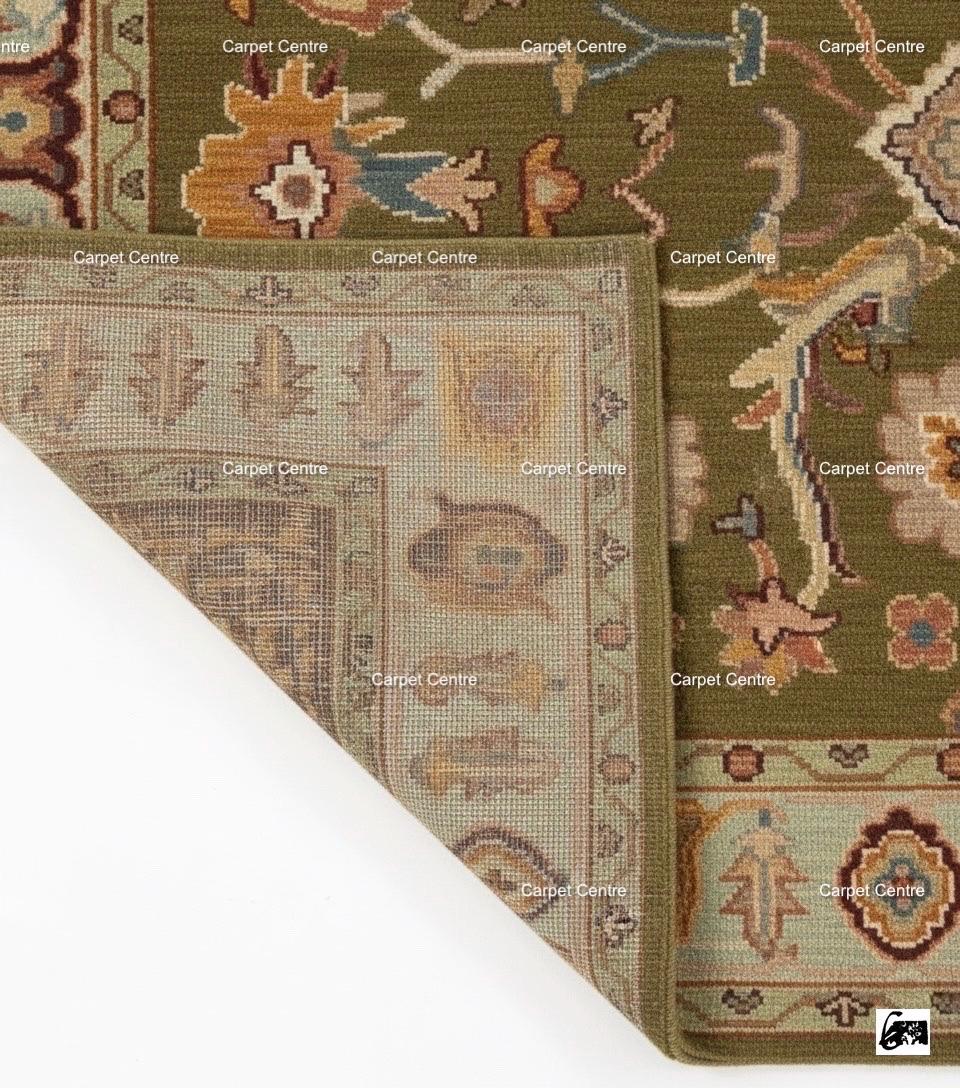 Hand Knotted Wool Rug, Olive Green Floral Carpet, Oriental Area Rug
