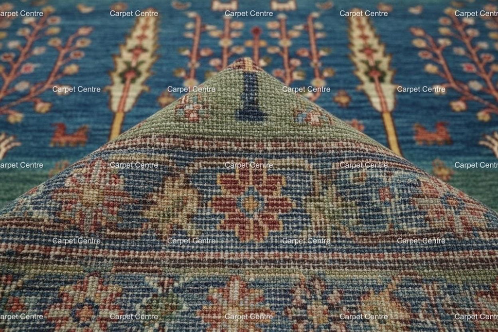 Hand-Knotted Wool Rug, Tree of Life Garden Design, Blue Green Abrash