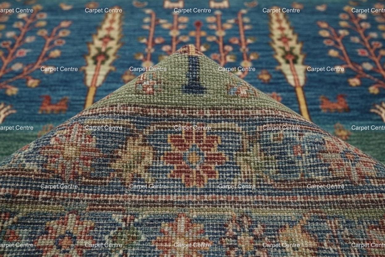 Hand-Knotted Wool Rug, Tree of Life Garden Design, Blue Green Abrash