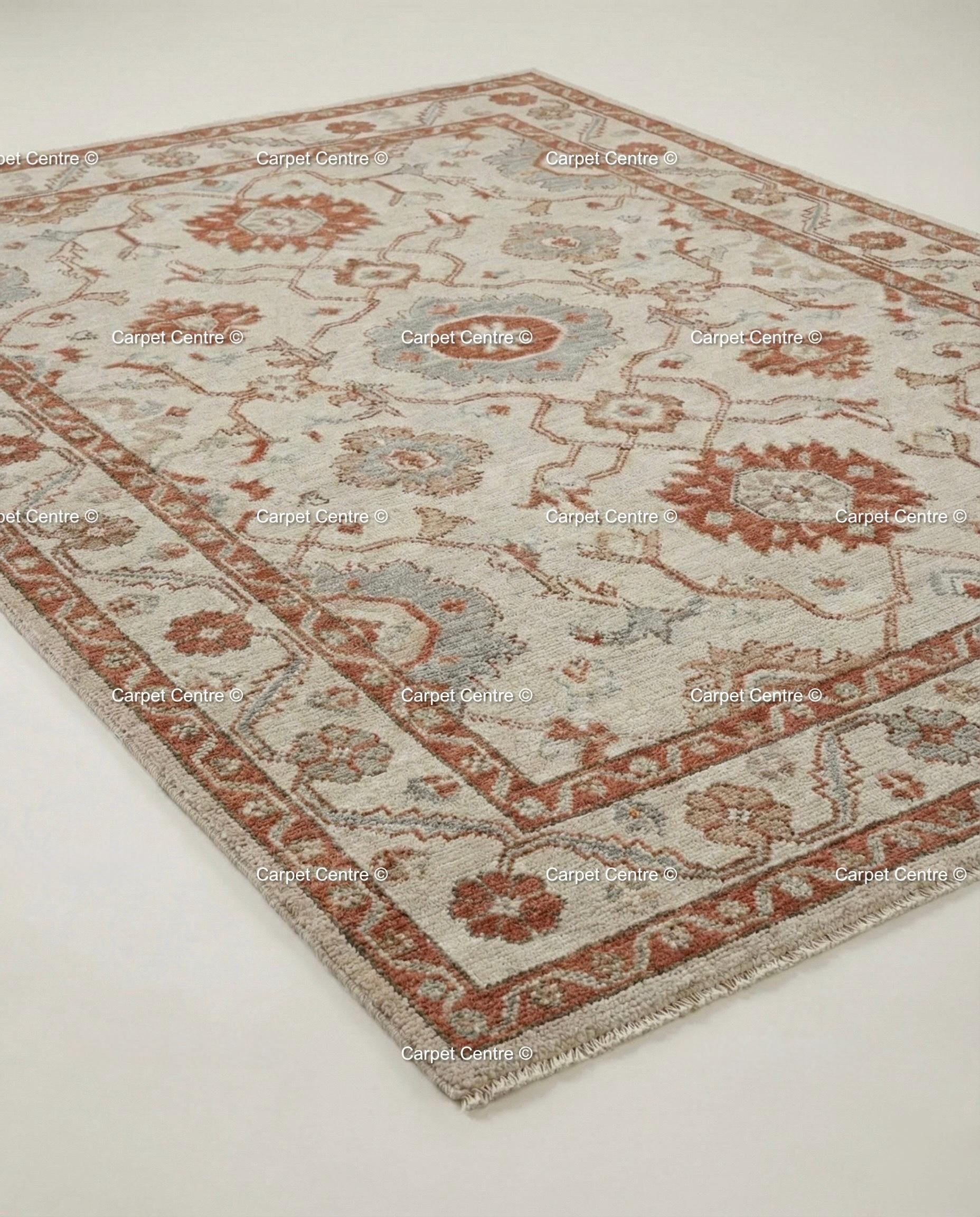 Hand Knotted Turkish Wool Oushak Rug, Rust & Slate Geometric