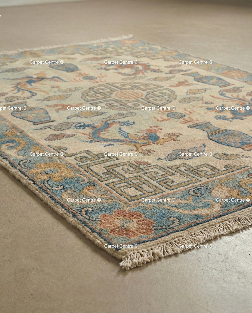 Hand Knotted Wool Rug, Beige Chinoiserie Dragon Phoenix Motif