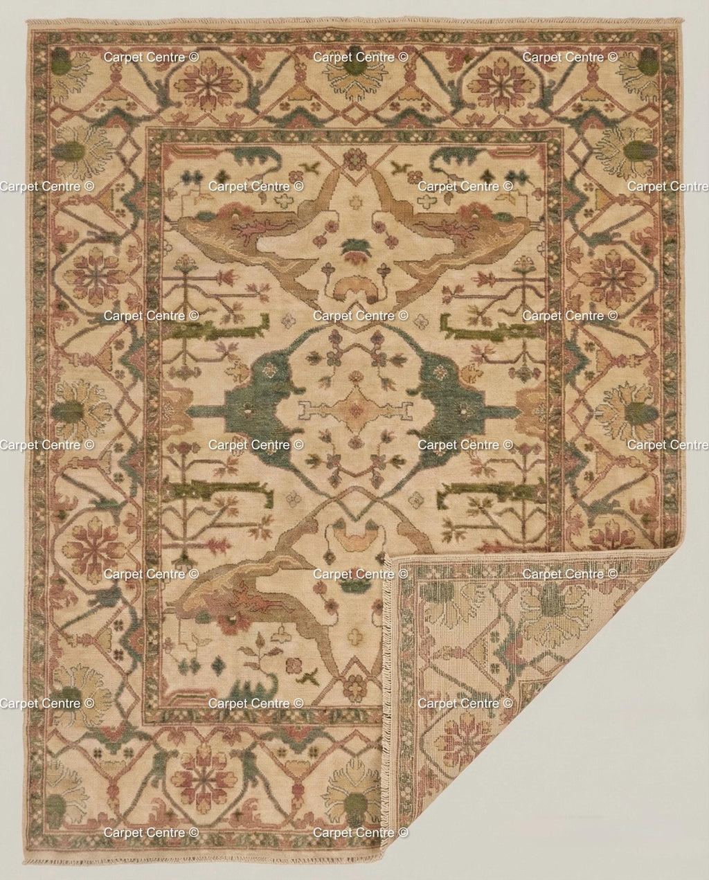 Hand Knotted Wool Oushak Rug, Beige Geometric Medallion, Turkish Knot