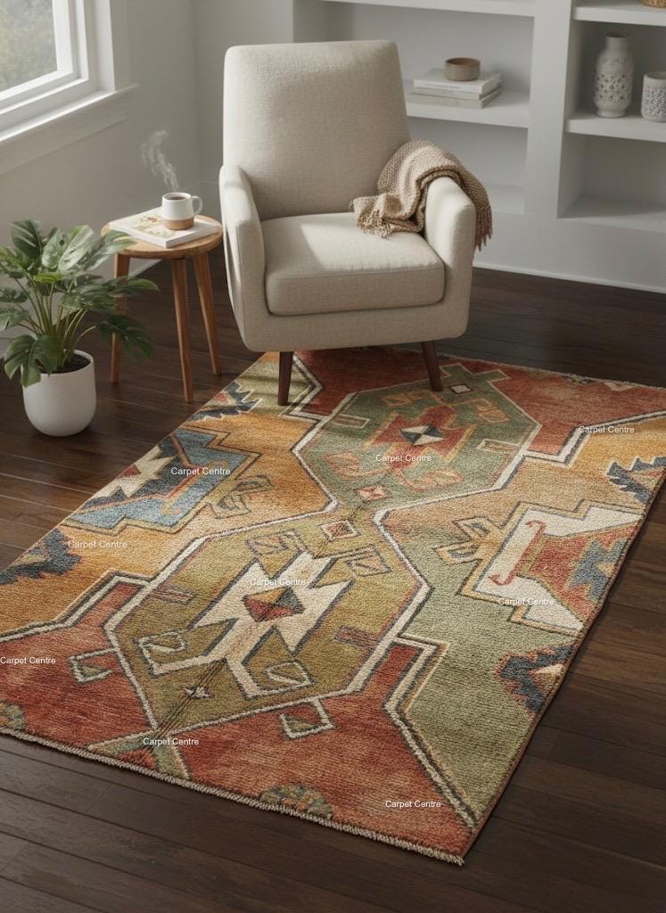 Hand-Knotted Wool Oushak Rug, Rust Green Geometric Tribal Turkish Vintage Decor