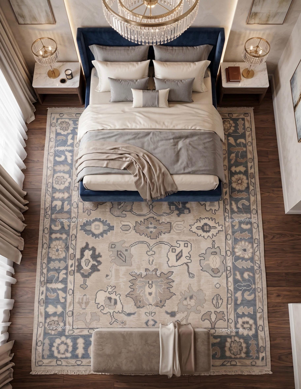 Muted Blue Beige Oushak Rug | Hand Knotted Wool Turkish Area Rug