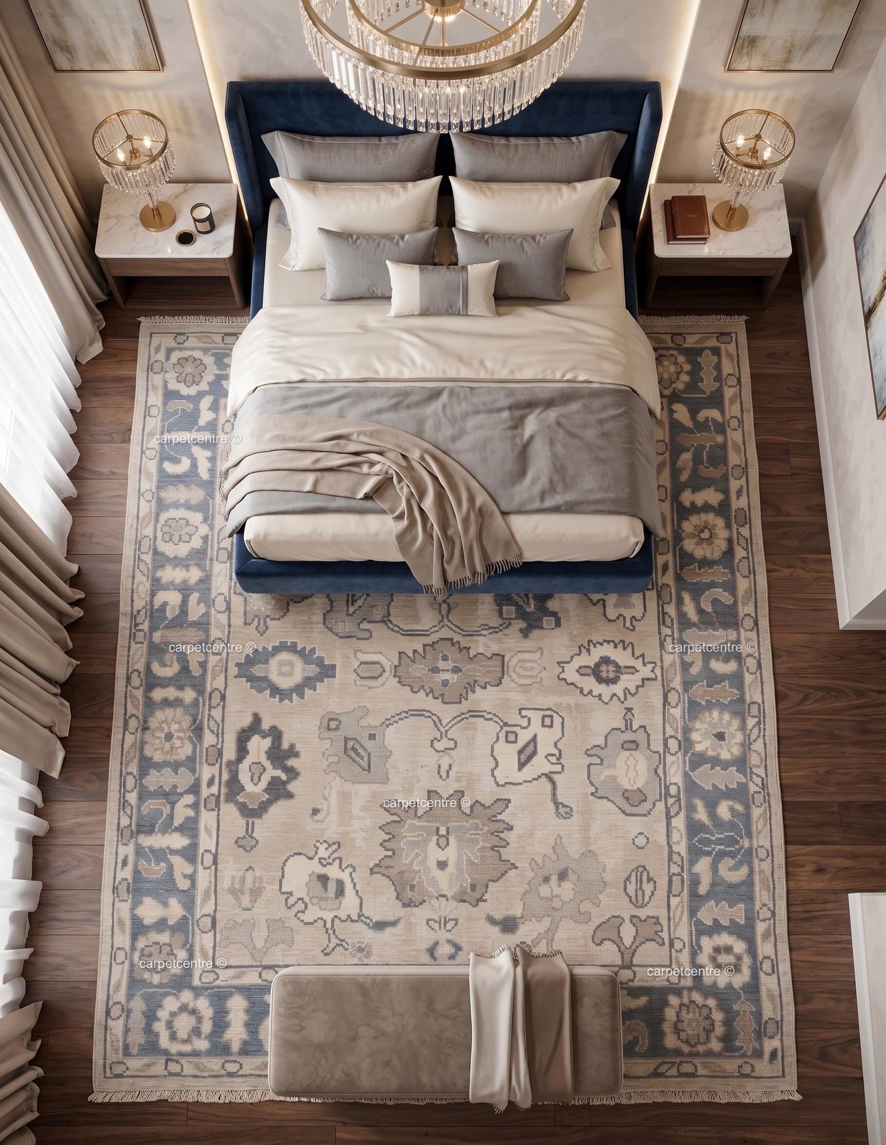 Muted Blue Beige Oushak Rug | Hand Knotted Wool Turkish Area Rug