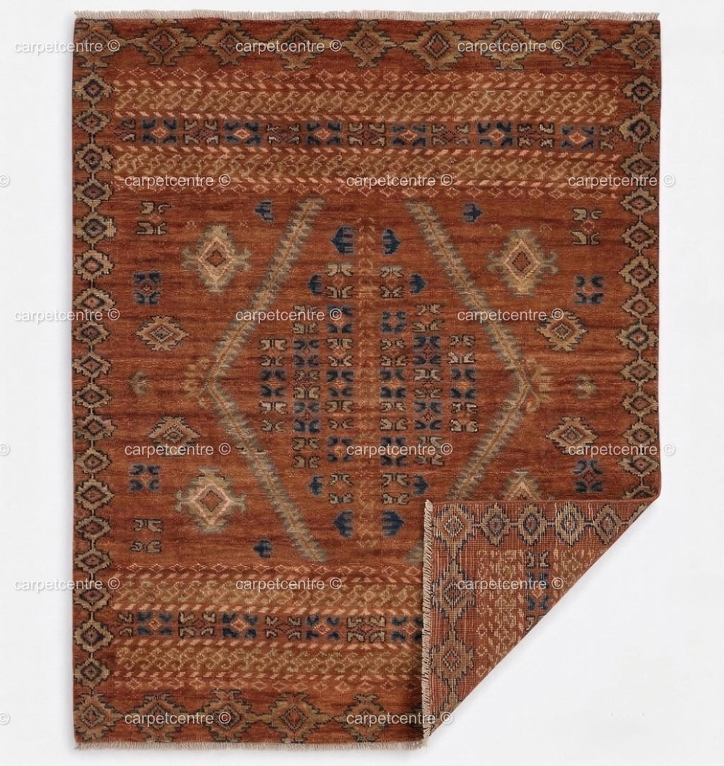 Hand-Knotted Wool Oushak Rug: Terracotta, Rust, Blue Geometric Medallion Area Rug
