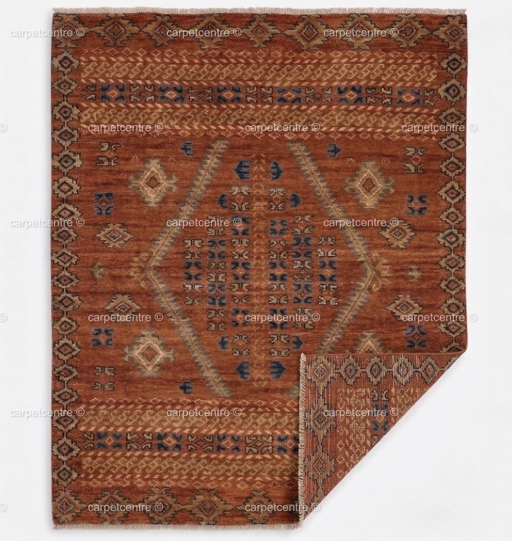 Hand-Knotted Wool Oushak Rug: Terracotta, Rust, Blue Geometric Medallion Area Rug