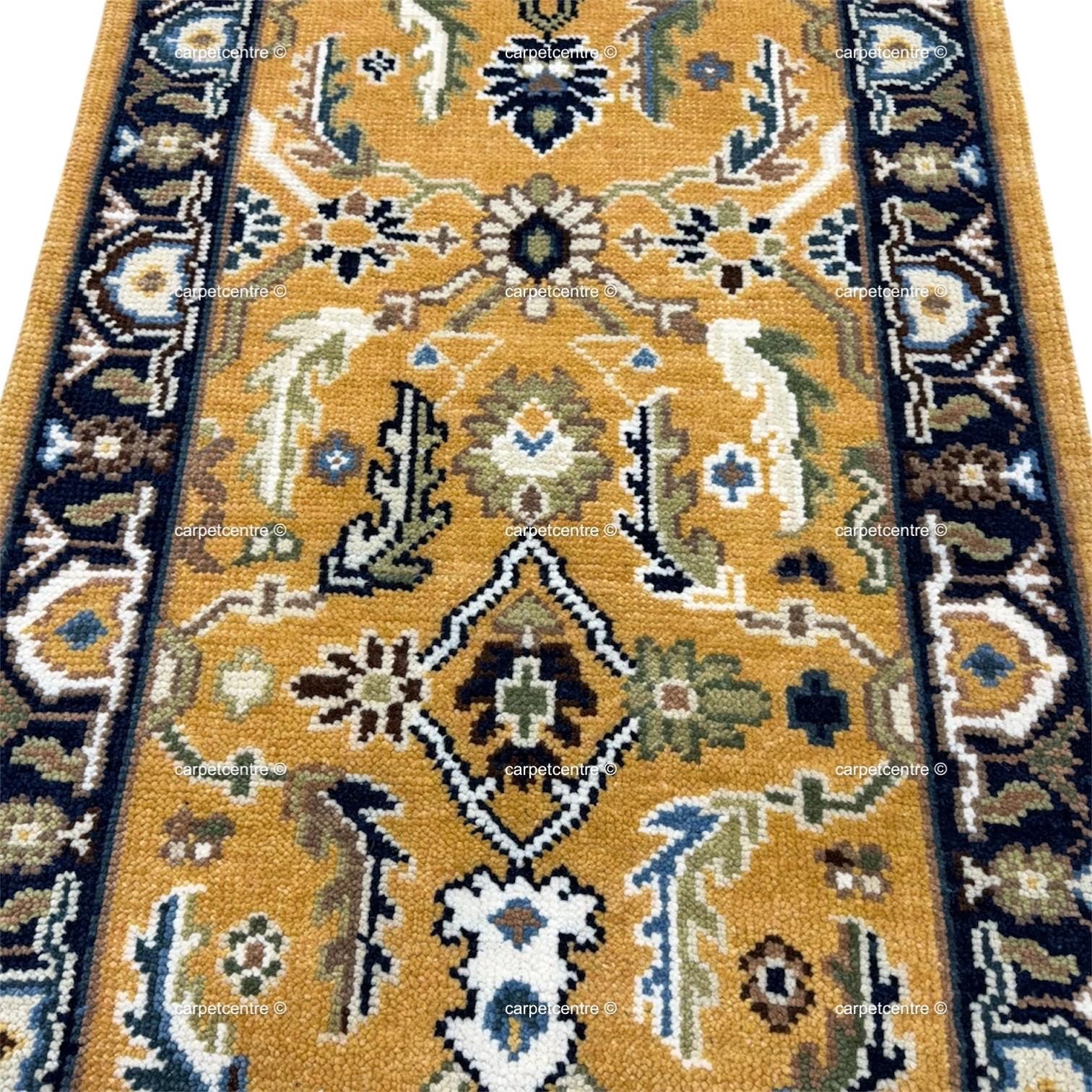 Yellow Oushak Hand-Knotted Wool Runner, Traditional Persian Style Navy Border Rug
