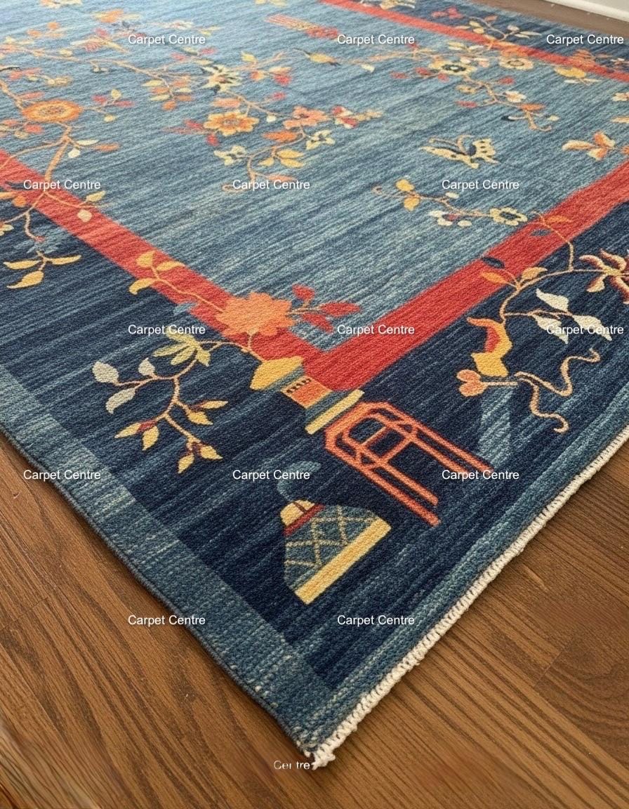 Hand-Knotted Oushak Wool Rug | Blue & Red Chinoiserie Floral Design
