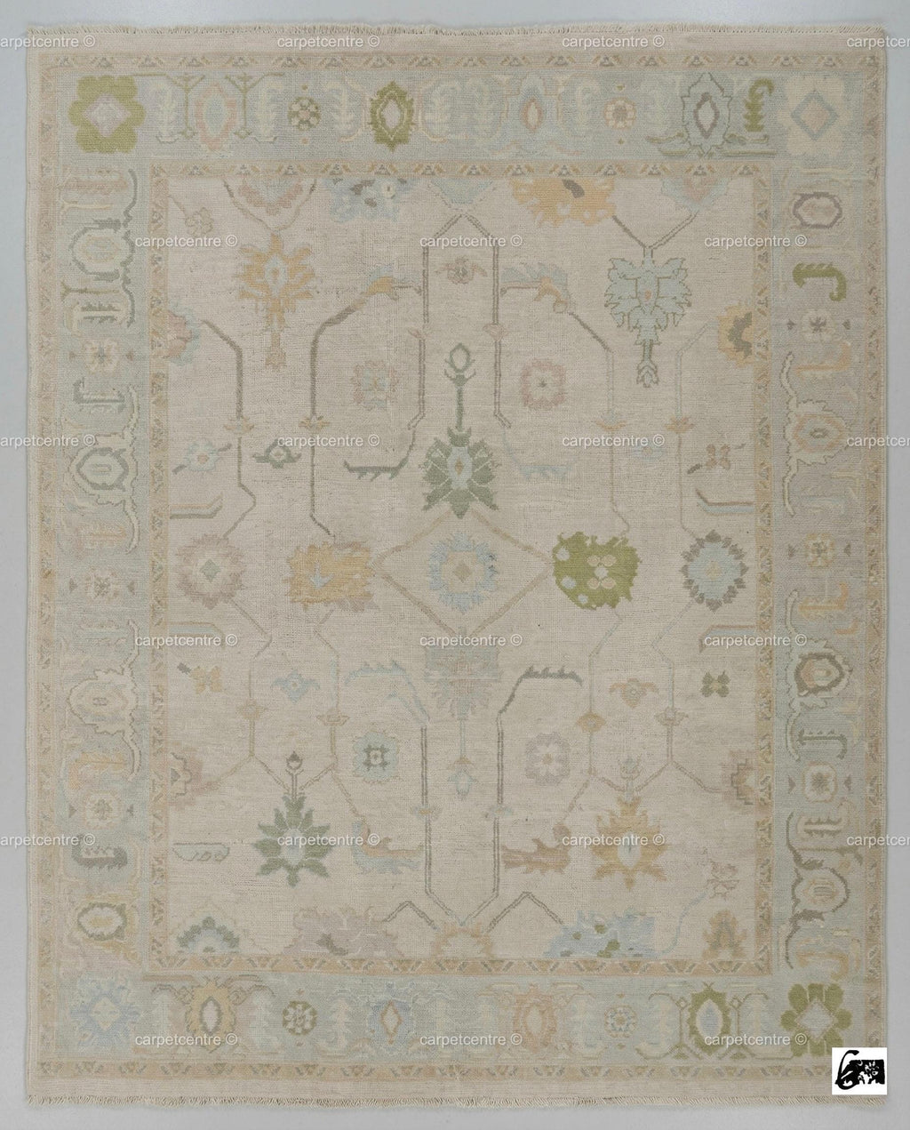 Hand-Knotted Wool Oushak Rug | Muted Sage, Sky Blue, Pastel Tones | 8x10 Area Rug