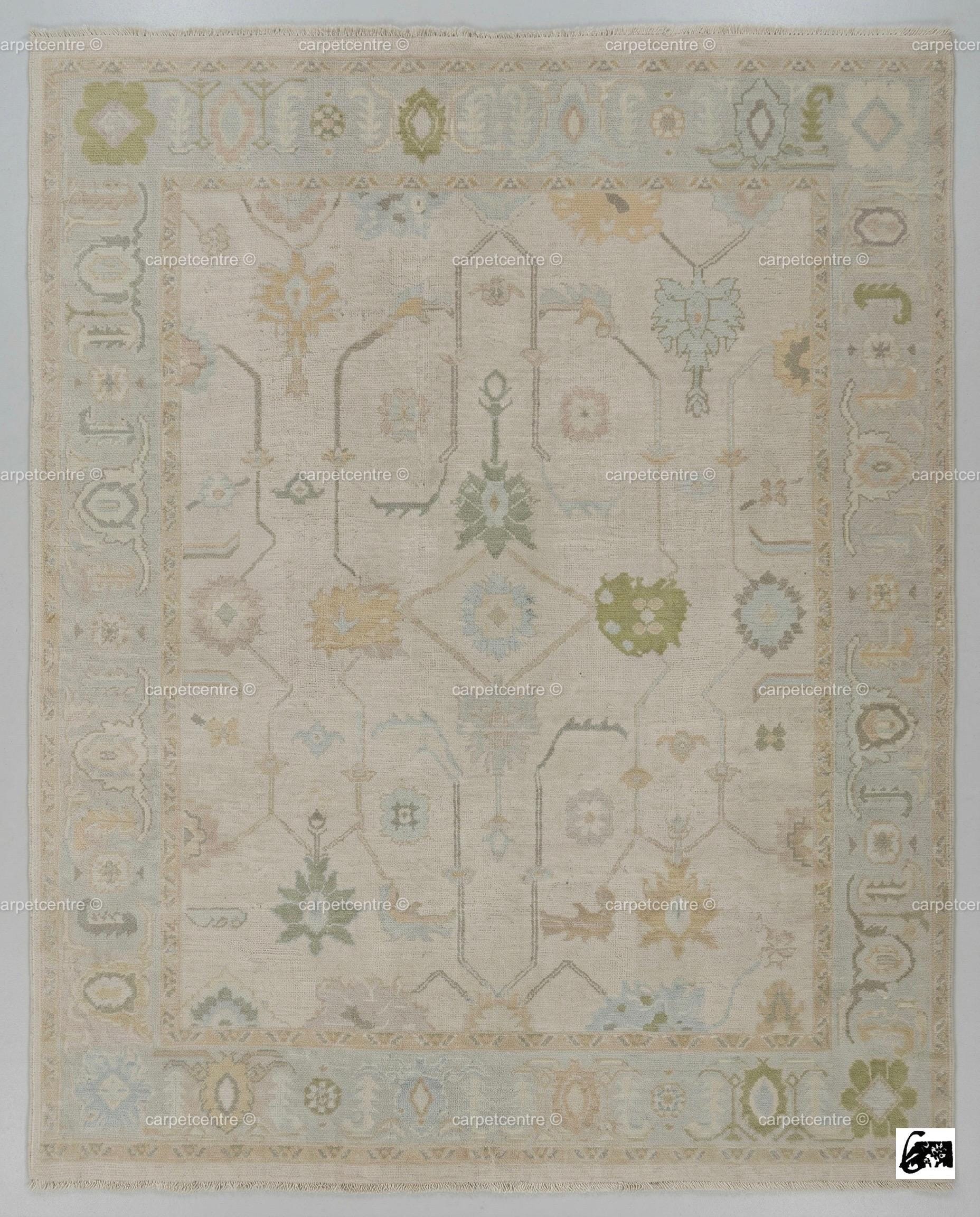 Hand-Knotted Wool Oushak Rug | Muted Sage, Sky Blue, Pastel Tones | 8x10 Area Rug