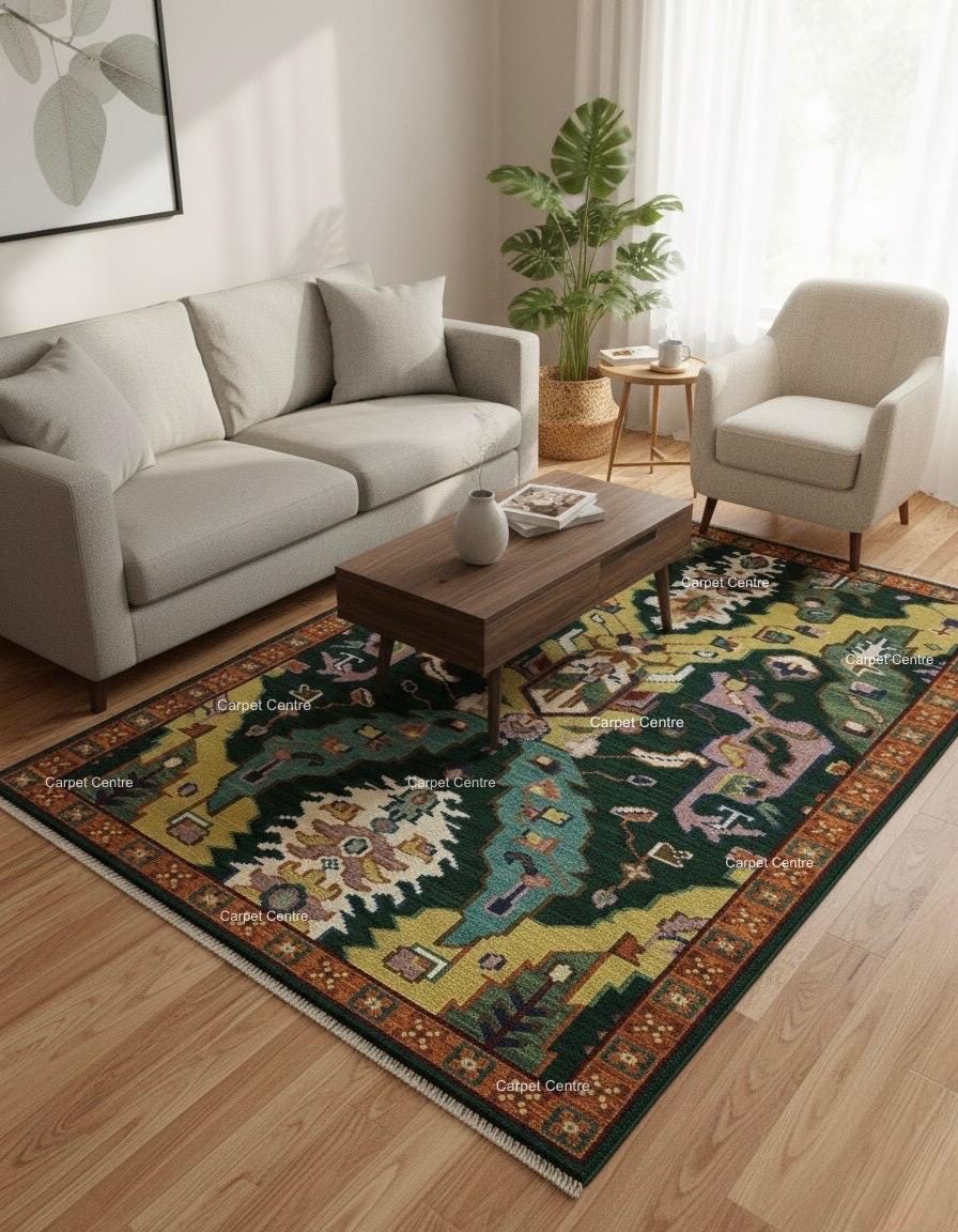Green Oushak Rug, Hand-Knotted Wool Geometric Kilim Rug, Boho Decor