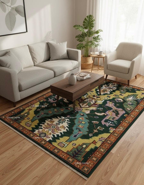 Green Oushak Rug, Hand-Knotted Wool Geometric Kilim Rug, Boho Decor