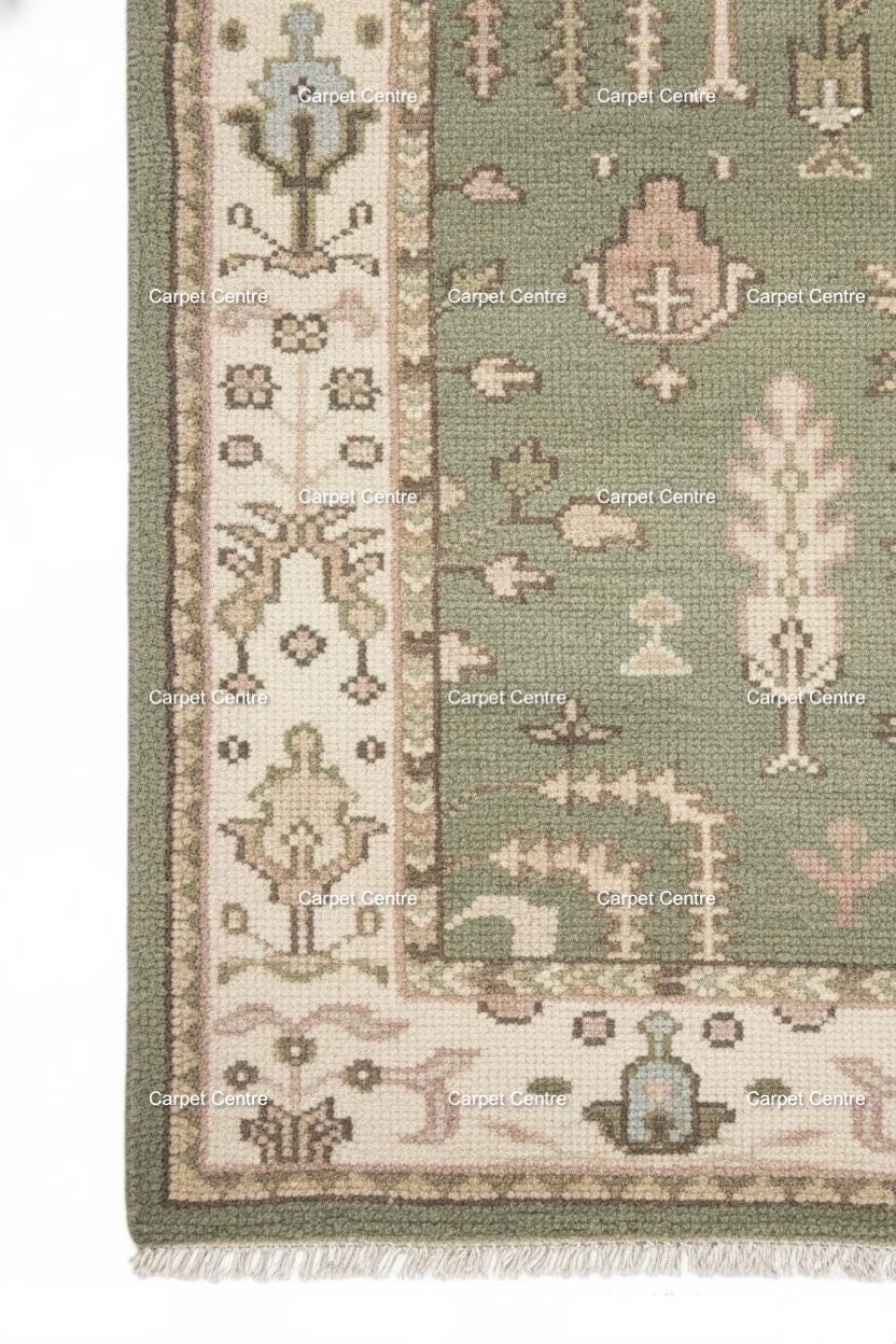 Hand-Knotted Sage Green Wool Rug: Tribal Tree of Life, Farmhouse Style