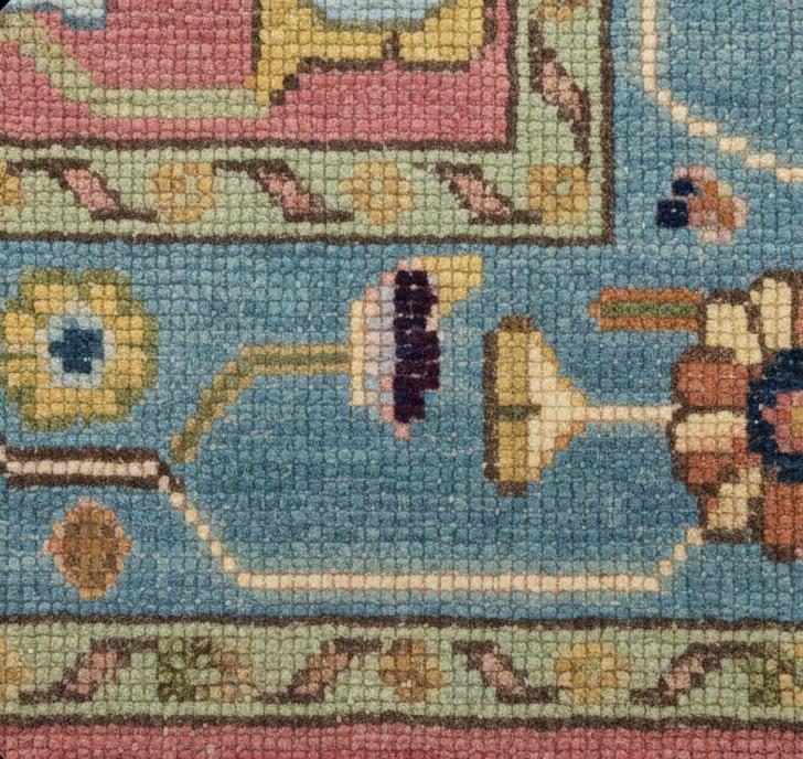 Hand-Knotted Oushak Wool Rug | Pink & Sky Blue Folk Floral