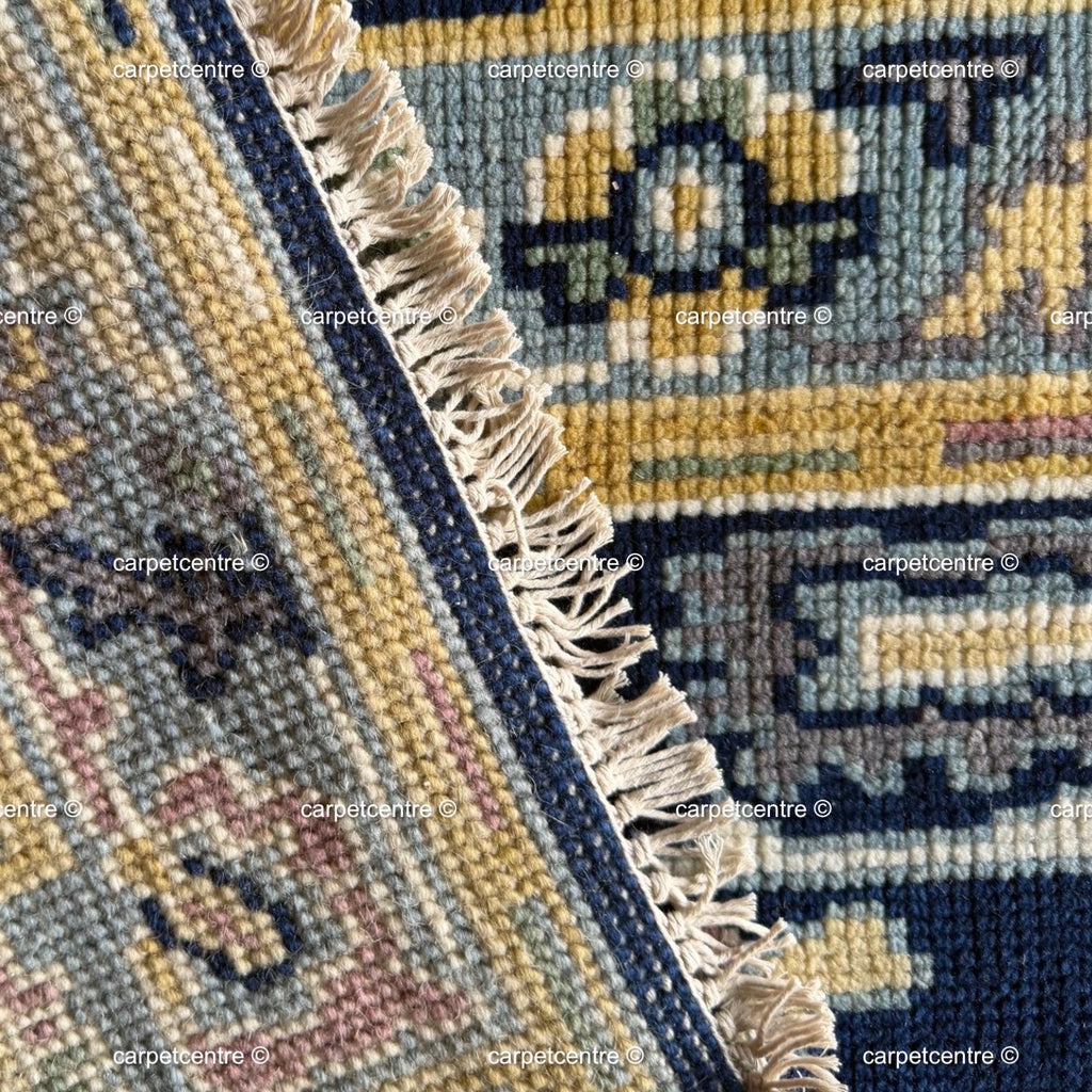 Handmade Navy Blue Oushak Runner Rug | Floral Hallway Entryway Wool Rug