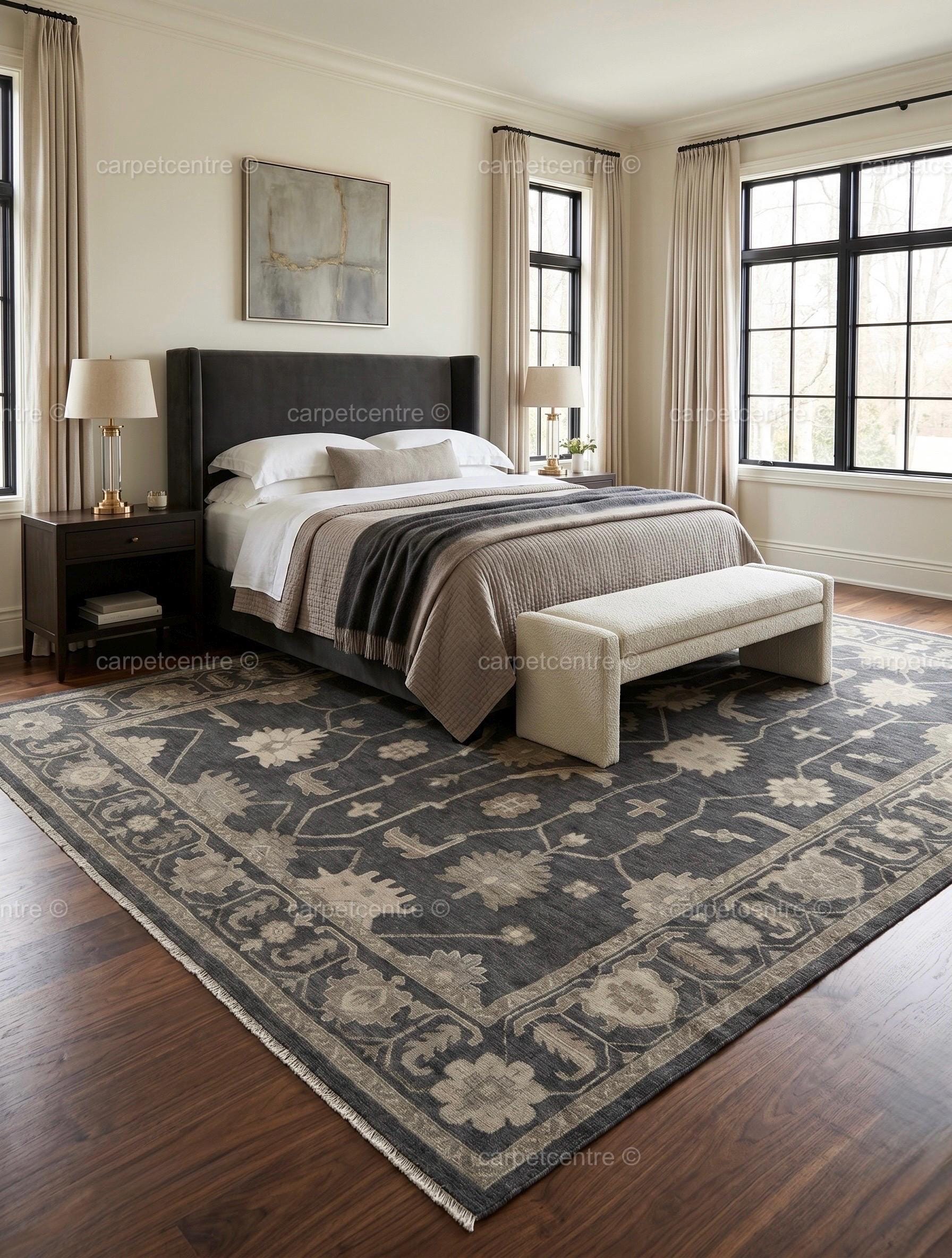 Hand Knotted Oushak Rug | Dark Grey Beige Floral Wool Turkish Area Rug