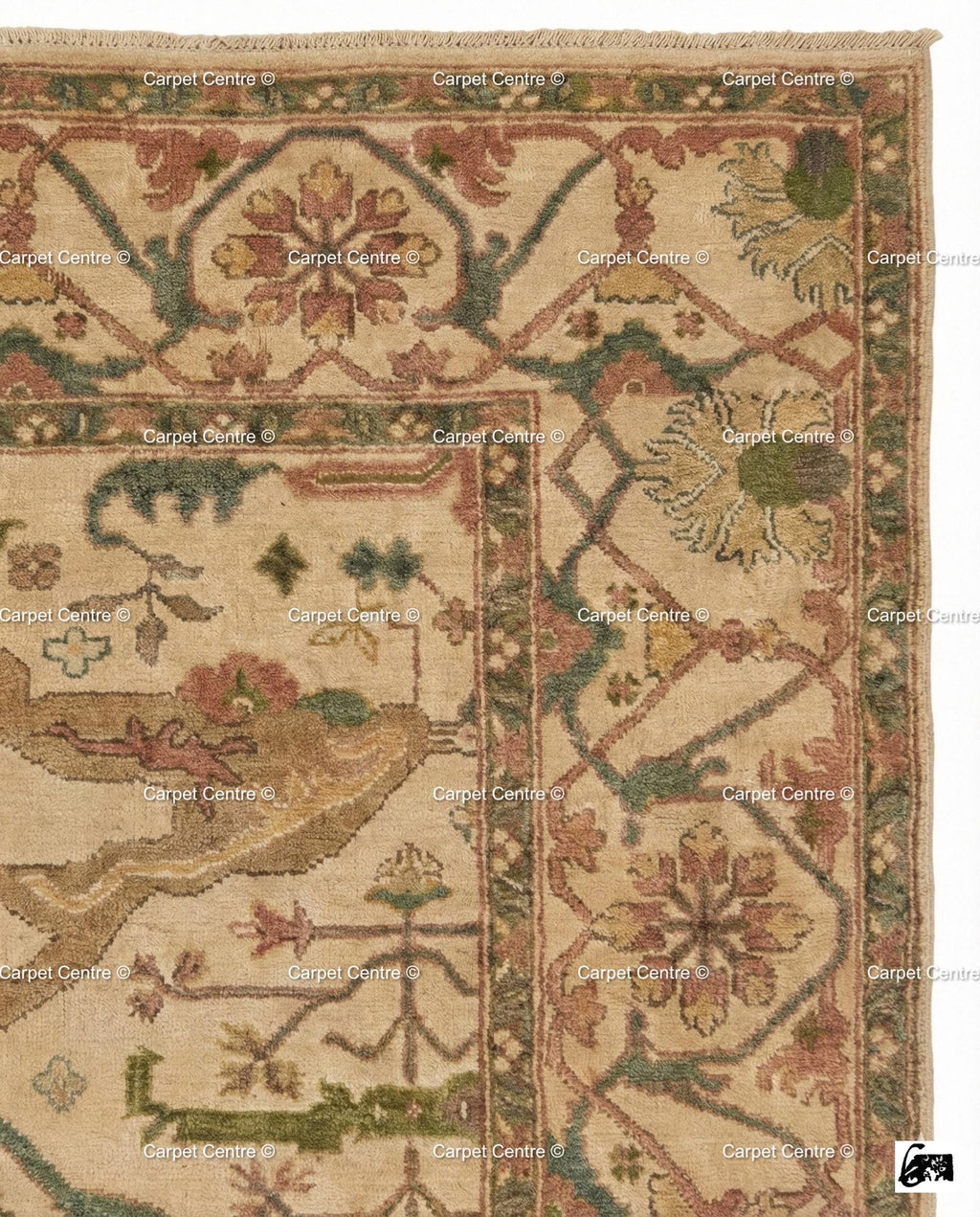 Hand Knotted Wool Oushak Rug, Beige Geometric Medallion, Turkish Knot