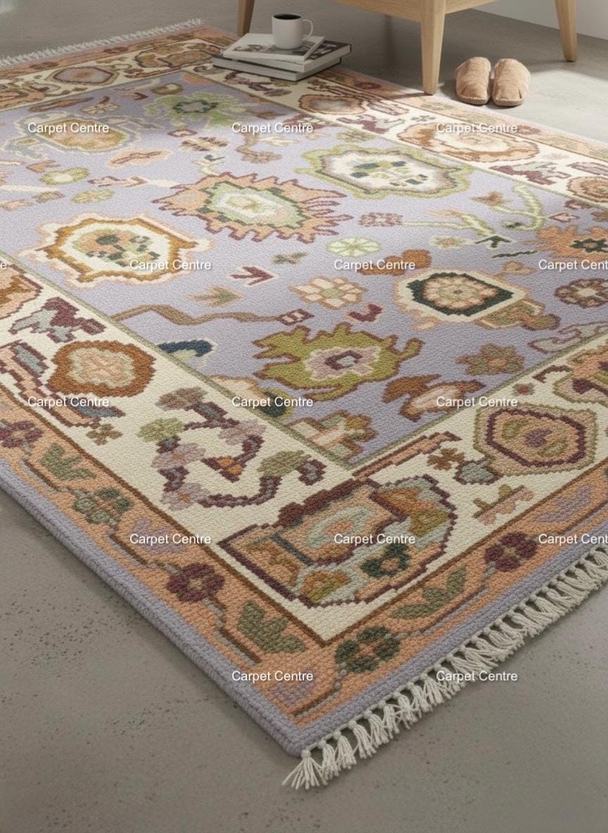 Lavender Oushak Rug, Hand-Knotted Wool Area Rug, Modern Boho Style