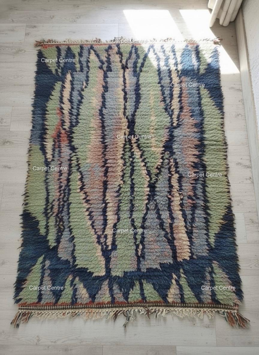 Handmade Moroccan Shag Rug, Navy Blue, Sage Green, Wool Tulu Rug