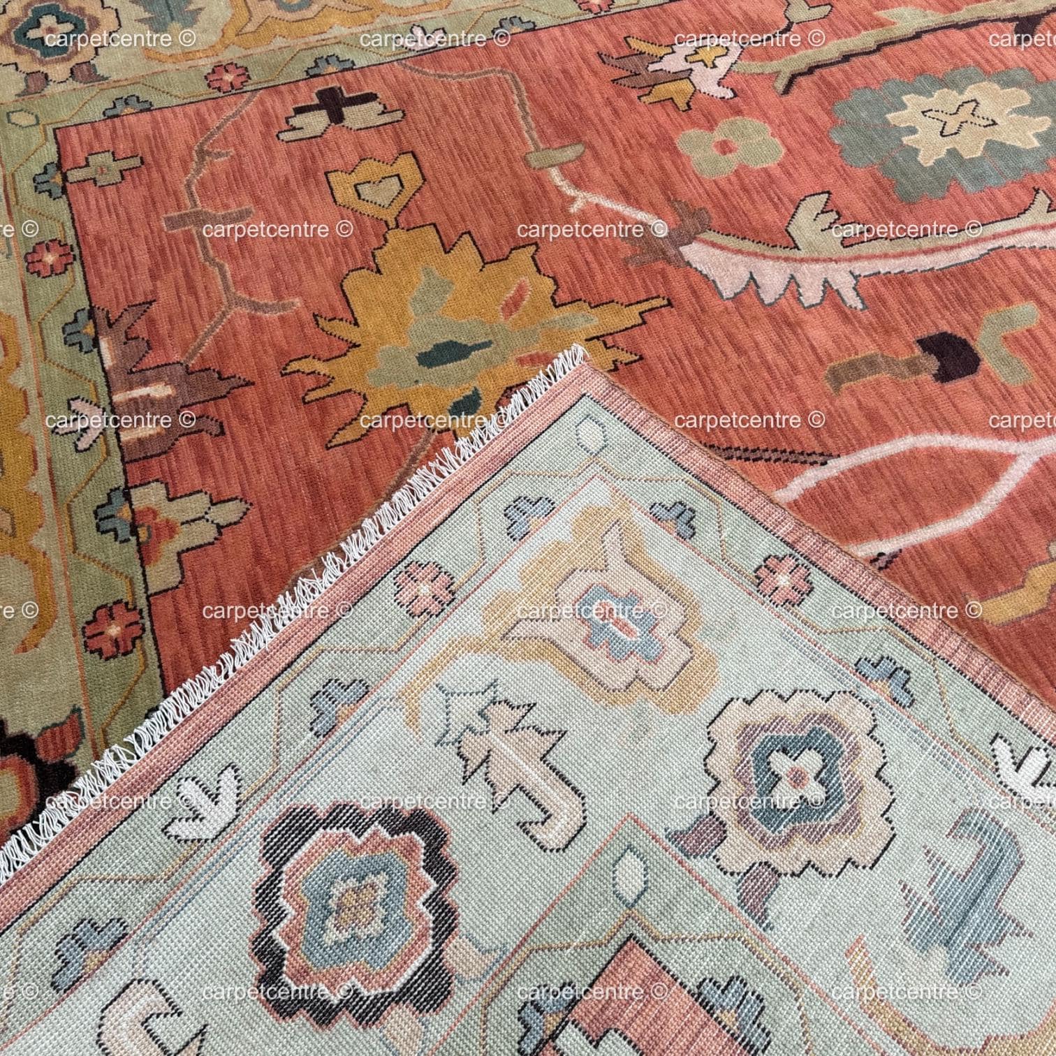 Hand-Knotted Wool Oushak Rug, Terracotta Floral, Sage Green Border, Farmhouse Style