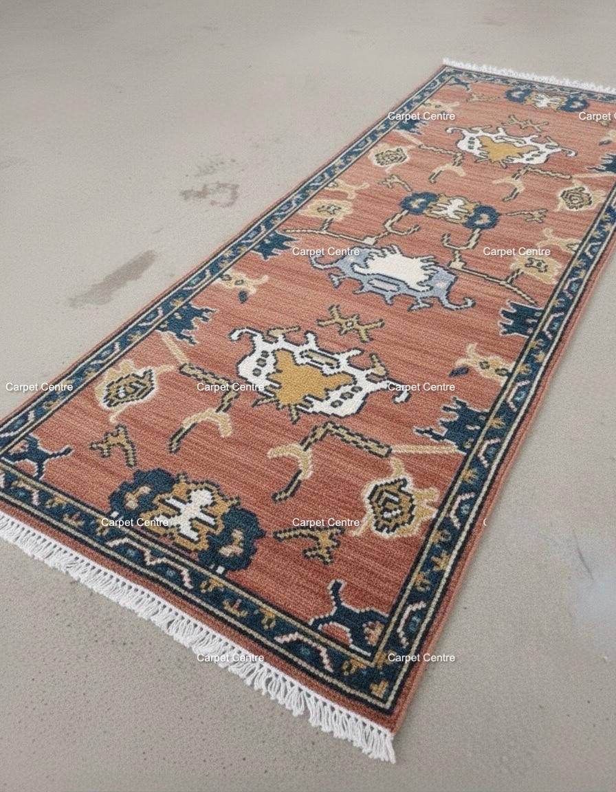 Hand-Knotted Wool Runner Rug, Terracotta Oushak Style, Teal Border