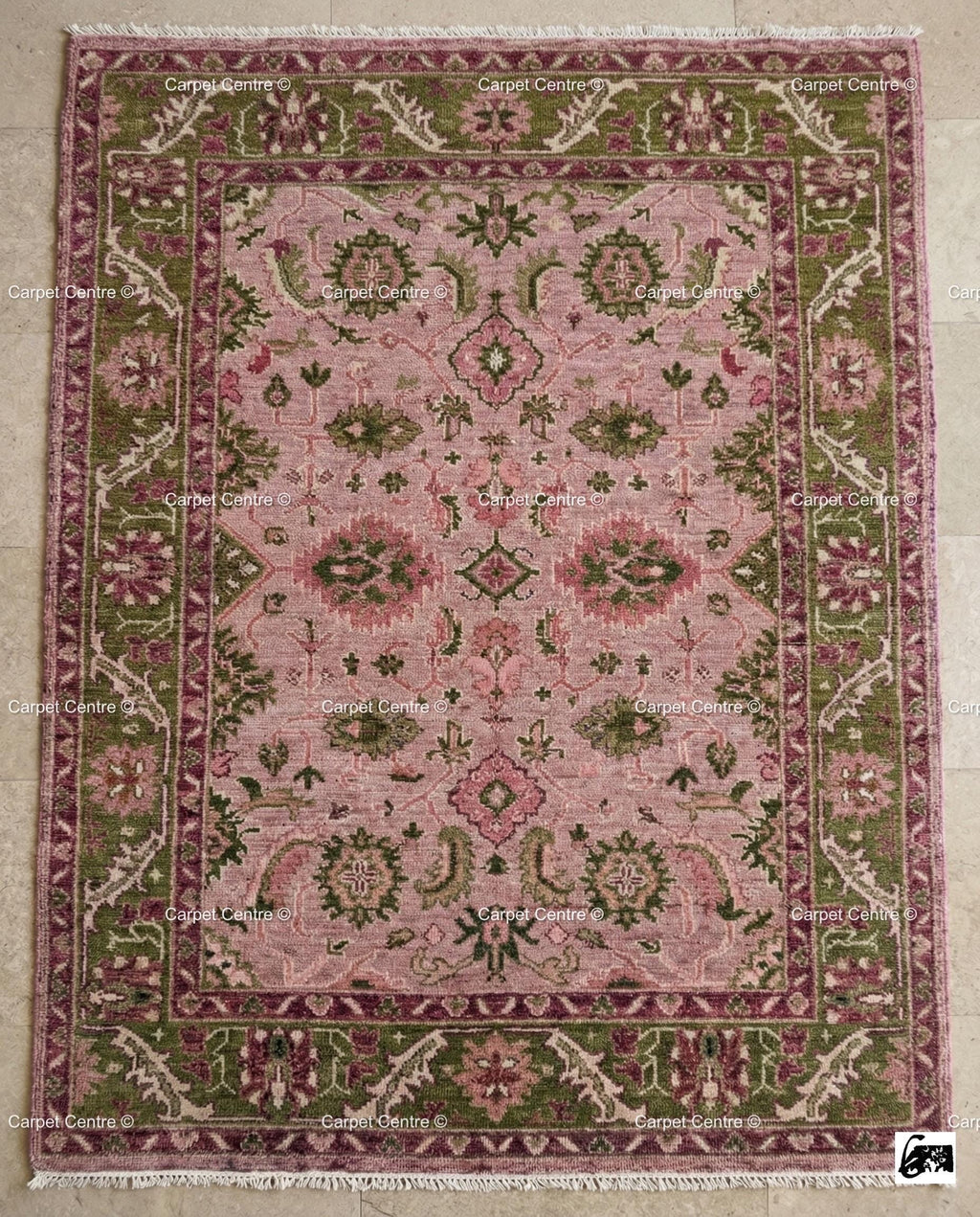 Hand Knotted Wool Oushak Rug – Rose Pink, Green Border, Turkish Floral Design