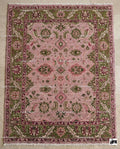 Hand Knotted Wool Oushak Rug – Rose Pink, Green Border, Turkish Floral Design
