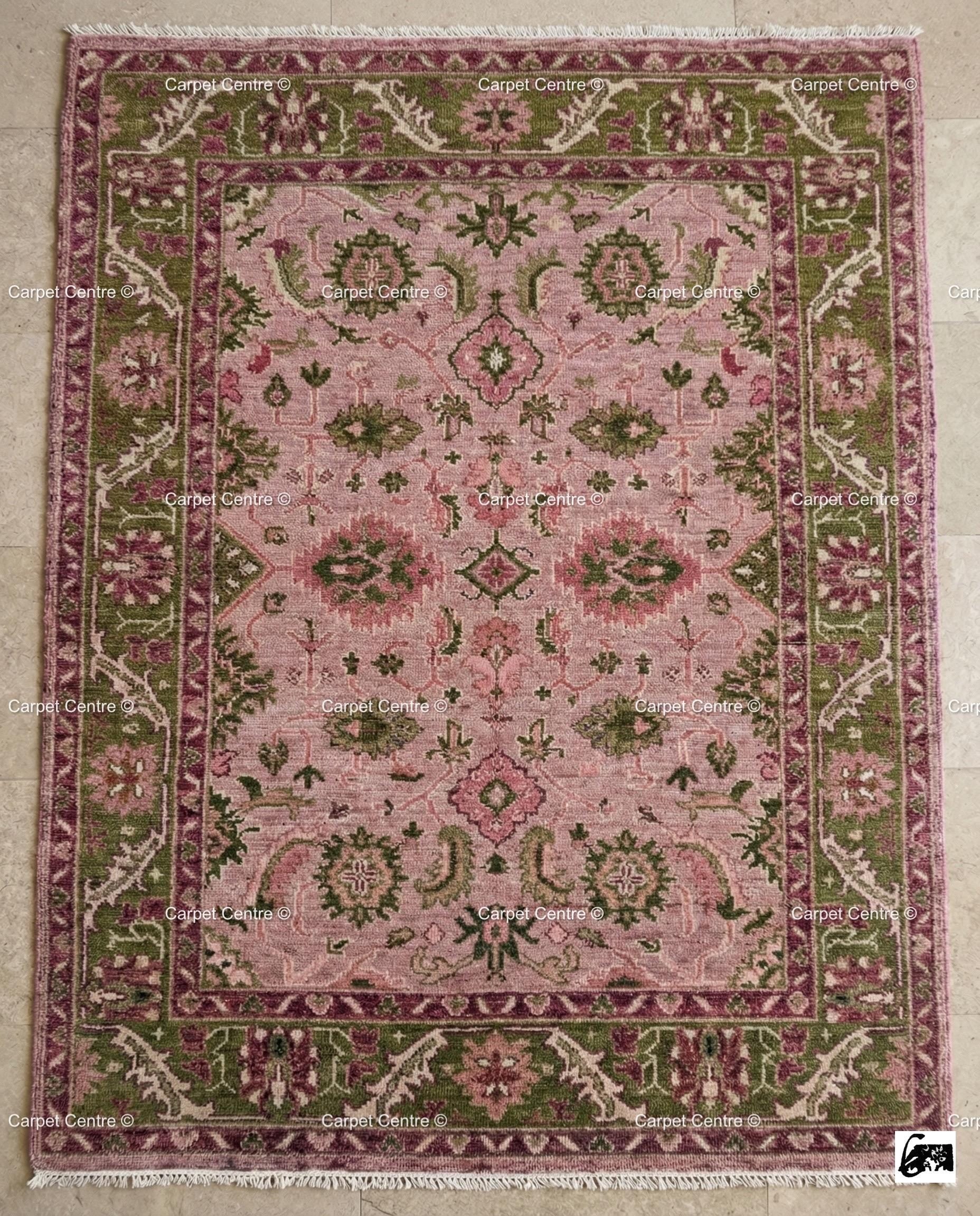 Hand Knotted Wool Oushak Rug – Rose Pink, Green Border, Turkish Floral Design