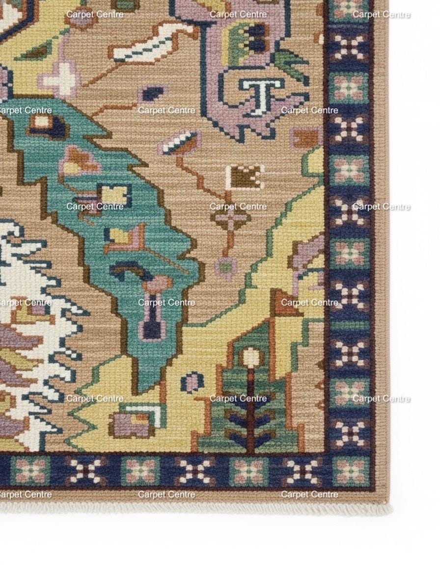 Hand-Knotted Oushak Wool Rug, Teal & Tan Geometric Kilim Design