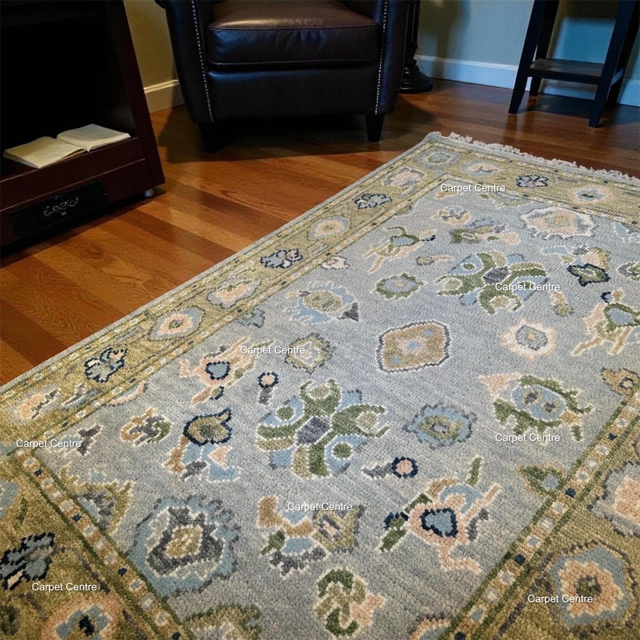8x10 Hand-Knotted Wool Oushak Rug, Sage Green Border, Modern Traditional Floral
