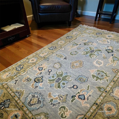 8x10 Hand-Knotted Wool Oushak Rug, Sage Green Border, Modern Traditional Floral