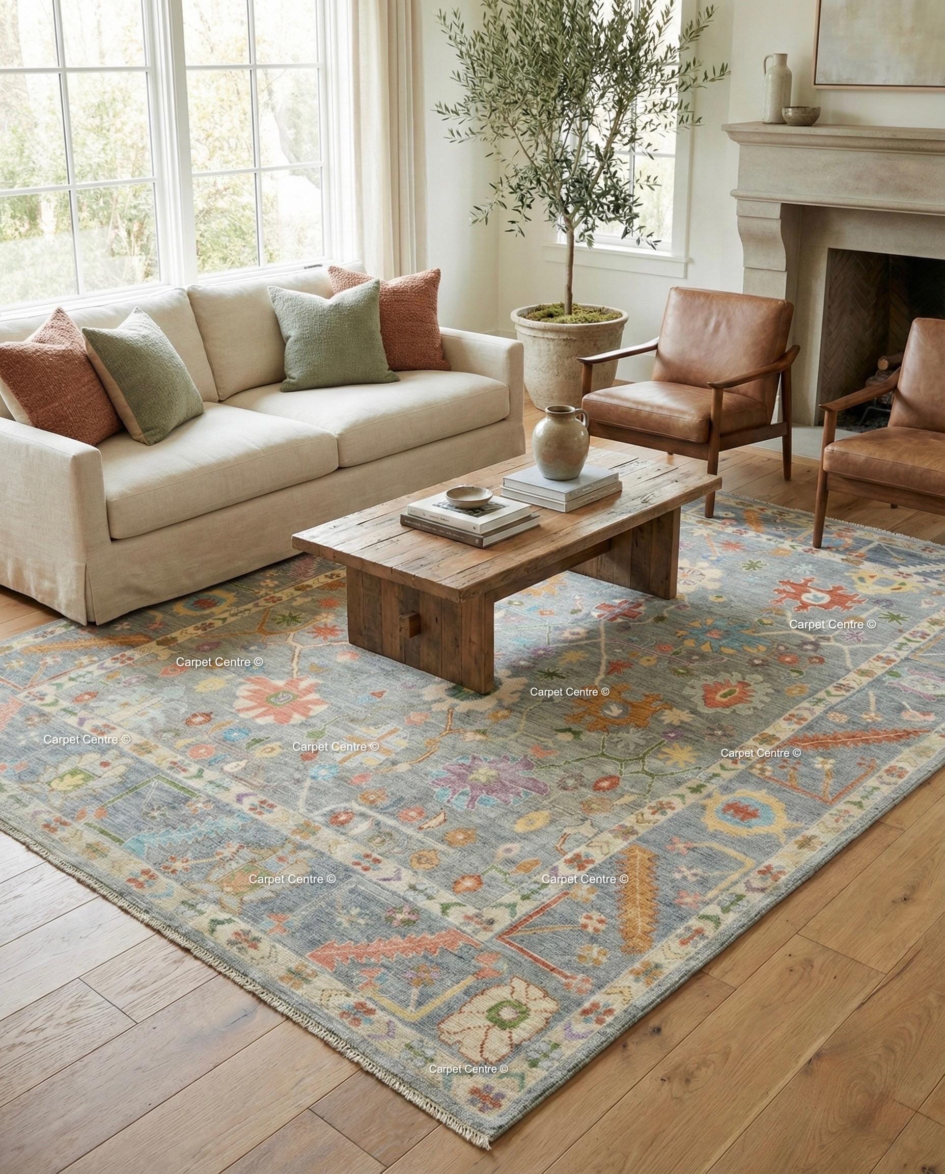 Hand Knotted Wool Oushak Rug, Slate Grey Floral Carpet