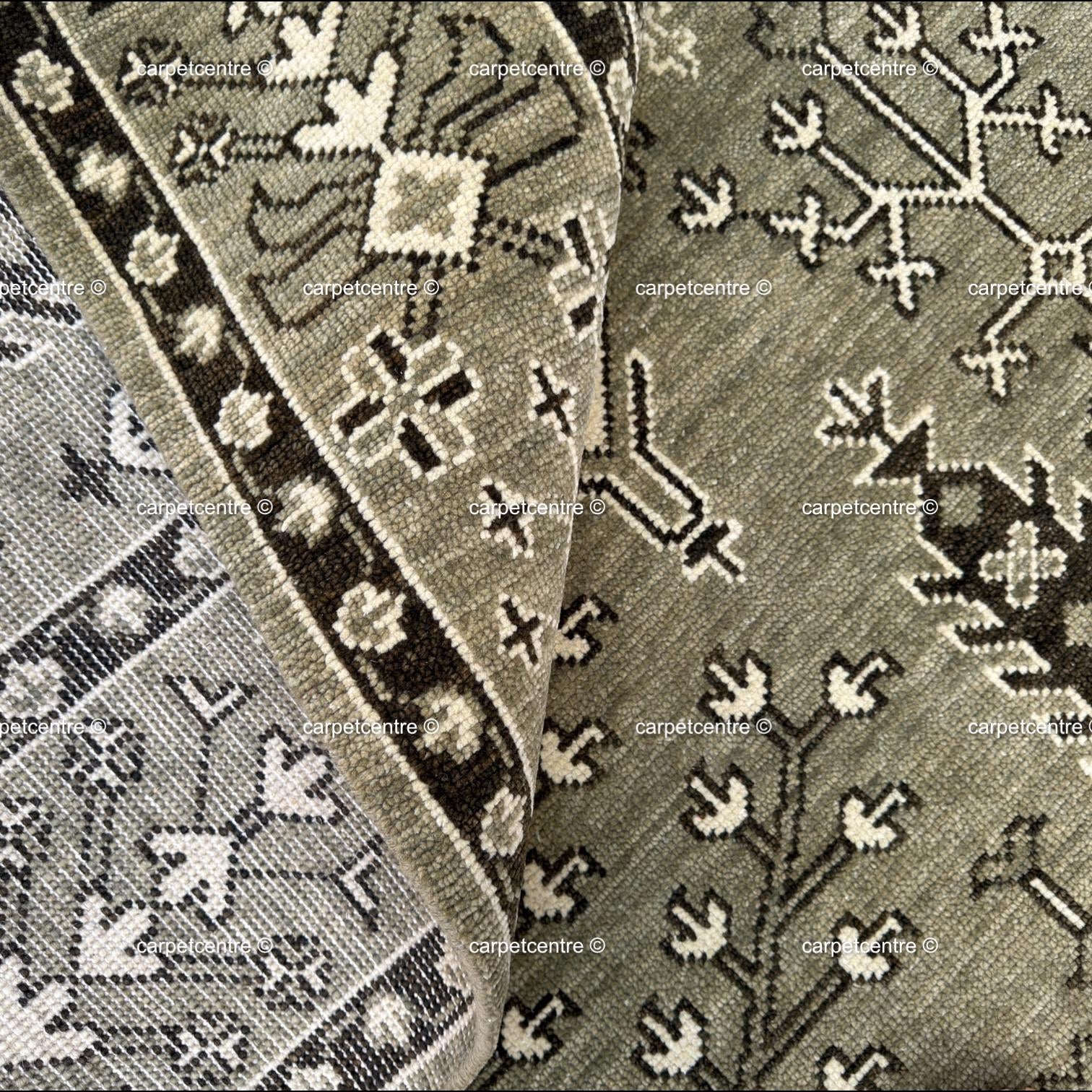 Hand Knotted Wool Oushak Rug, Olive Green Tree of Life Area Carpet