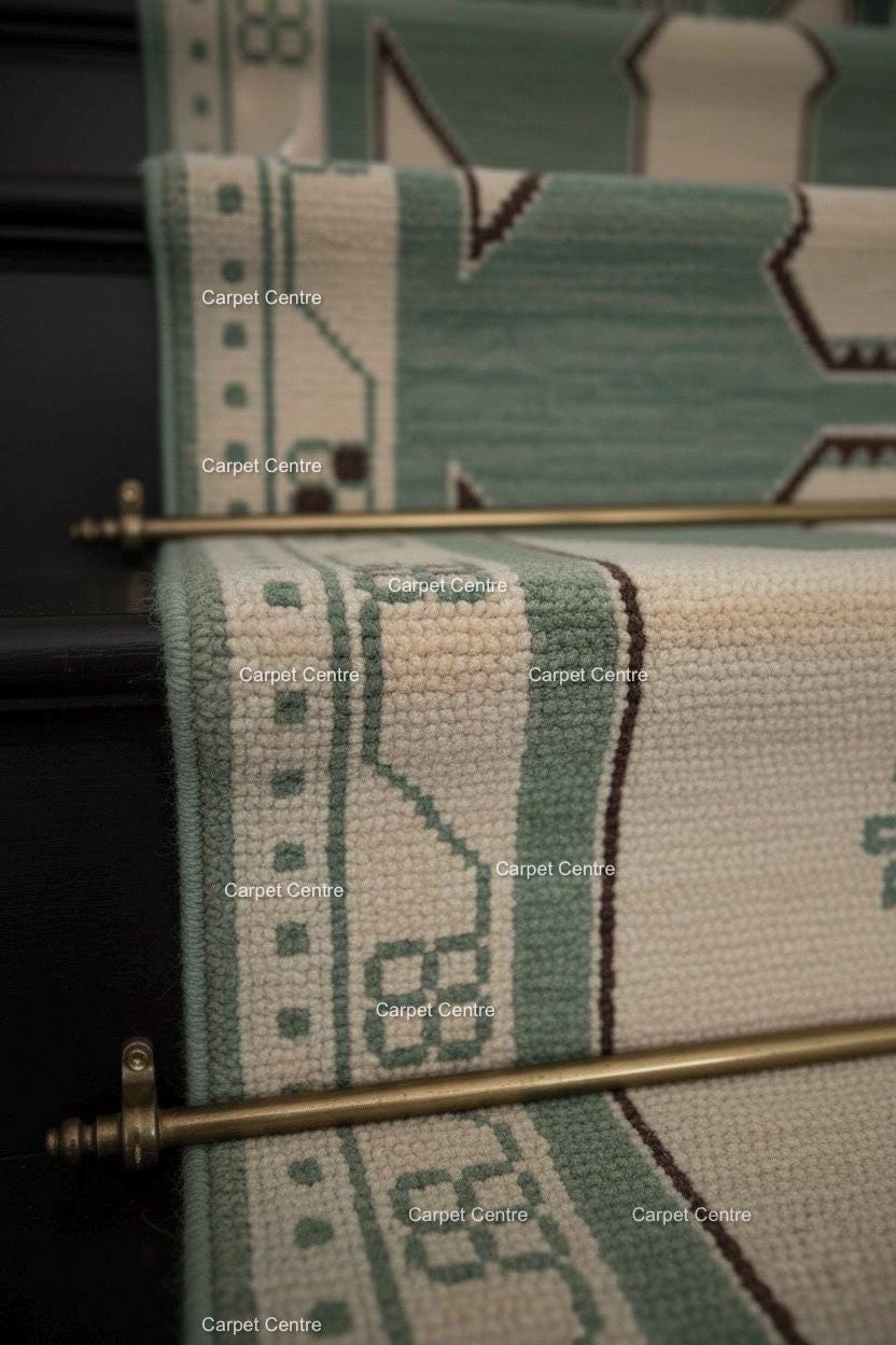 Hand Knotted Oushak Wool Runner Rug | Mint Green Geometric Design