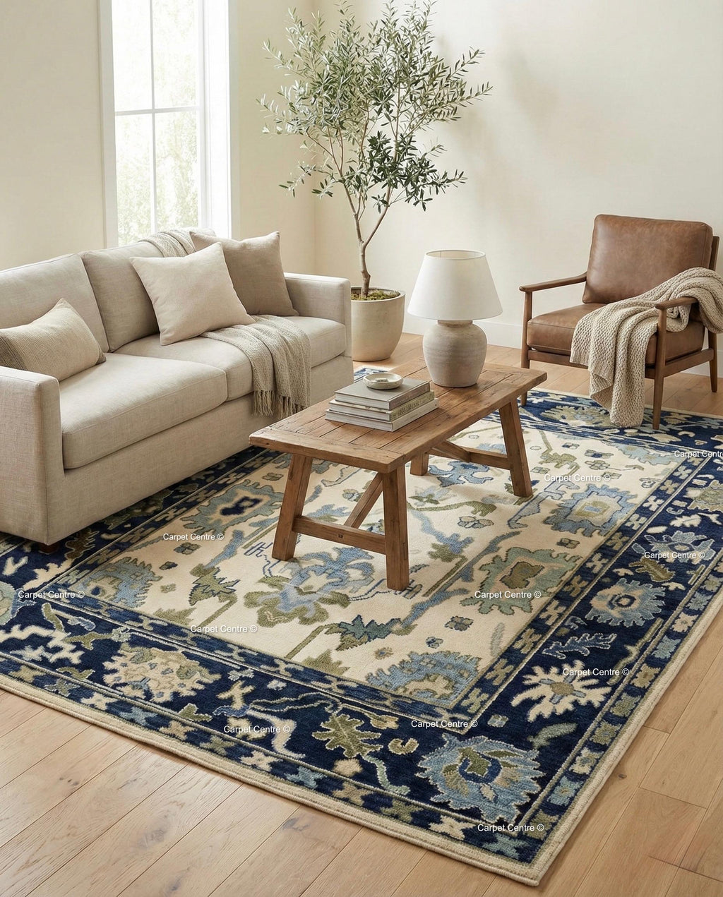 Hand Knotted Wool Oushak Rug | Navy, Cream, and Sage